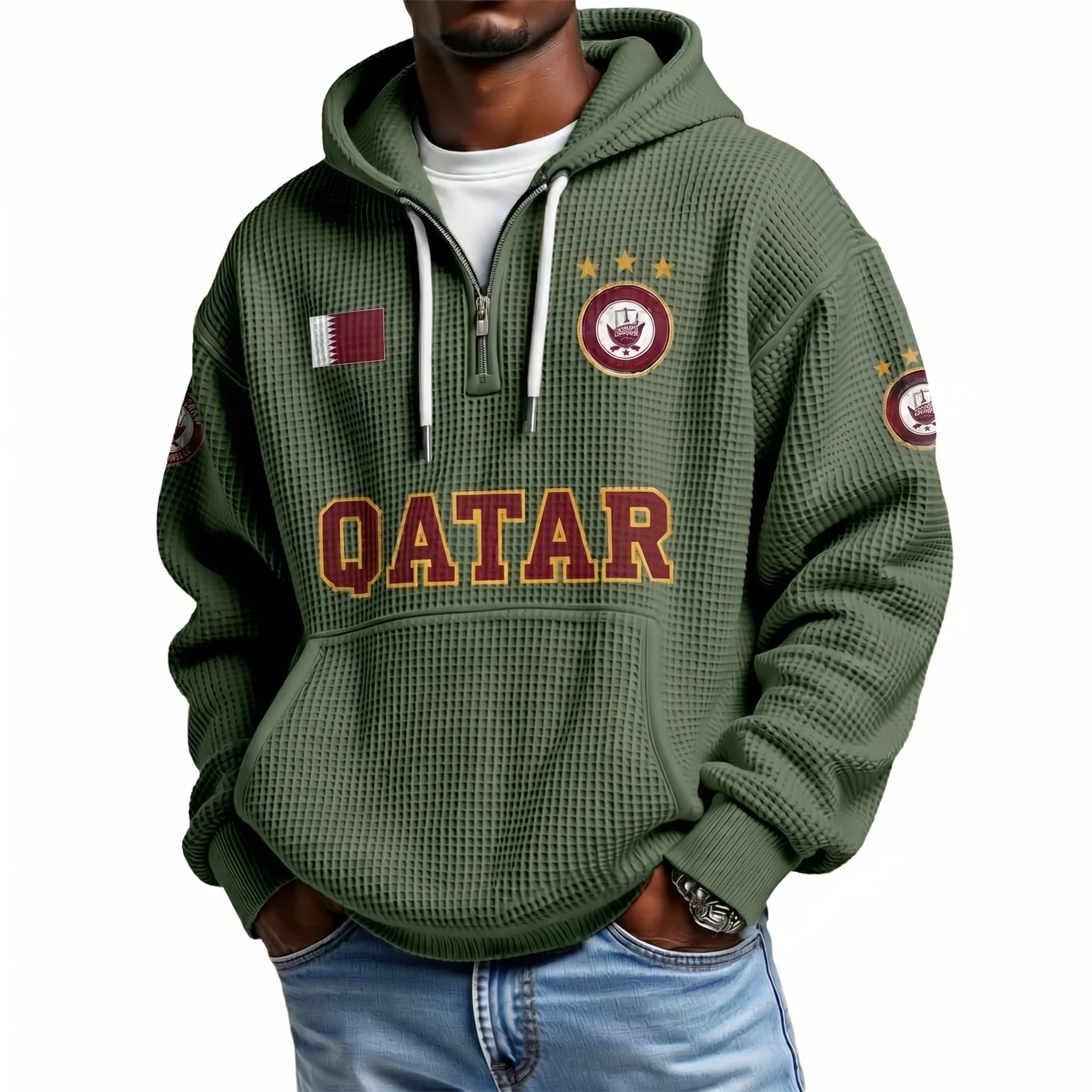 Qatar Printed Waffle Quarter Zip Football Fan Hoodie