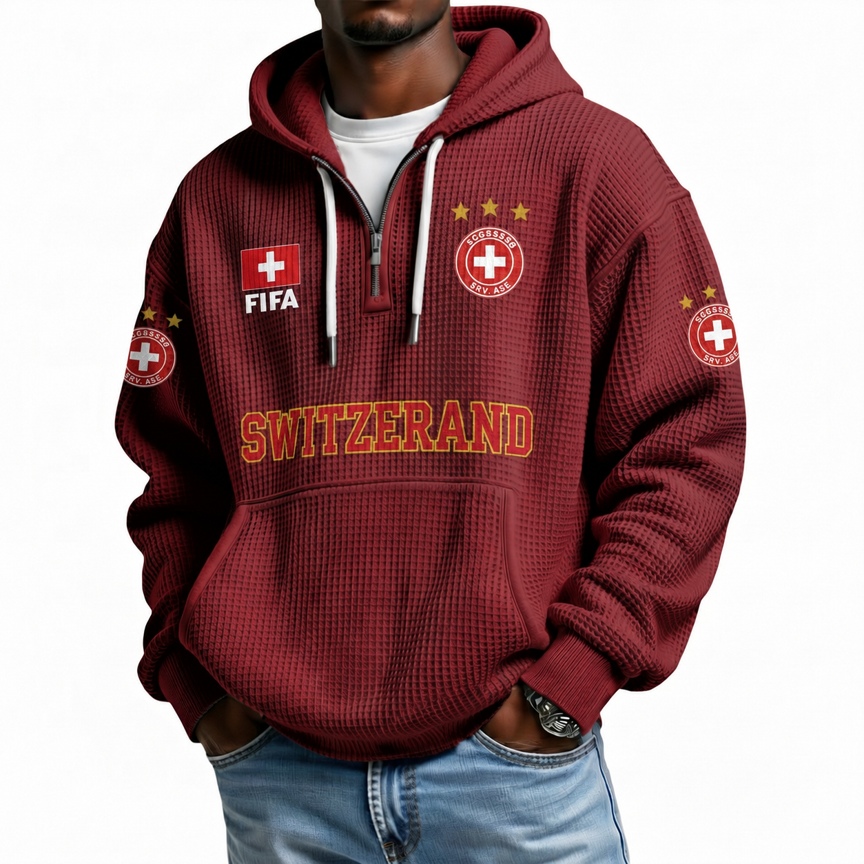 FIFA 2026 Switzerland Printed Waffle Quarter Zip Football Fan Hoodie