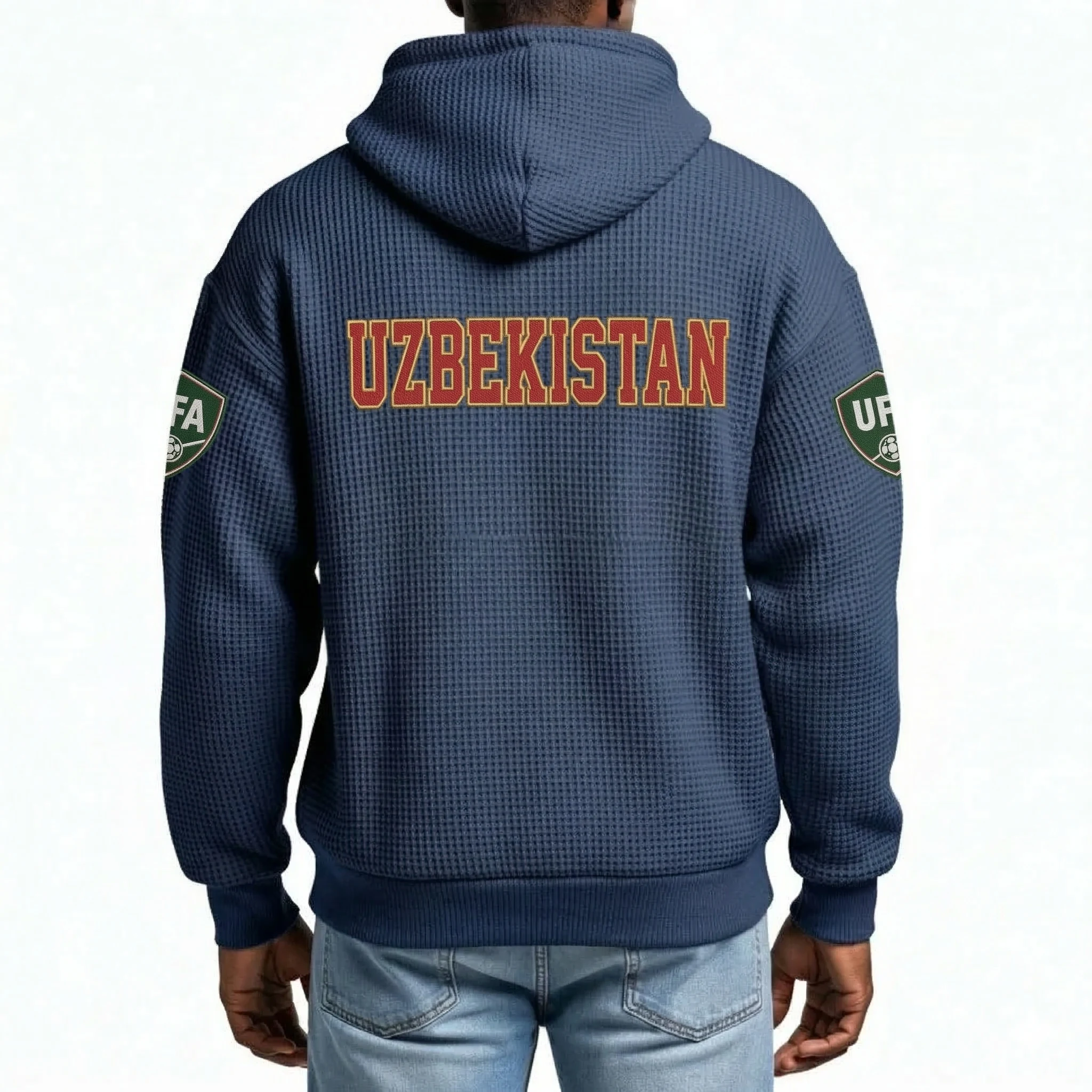Uzbekistan Printed Waffle Quarter Zip Football Fan Hoodie