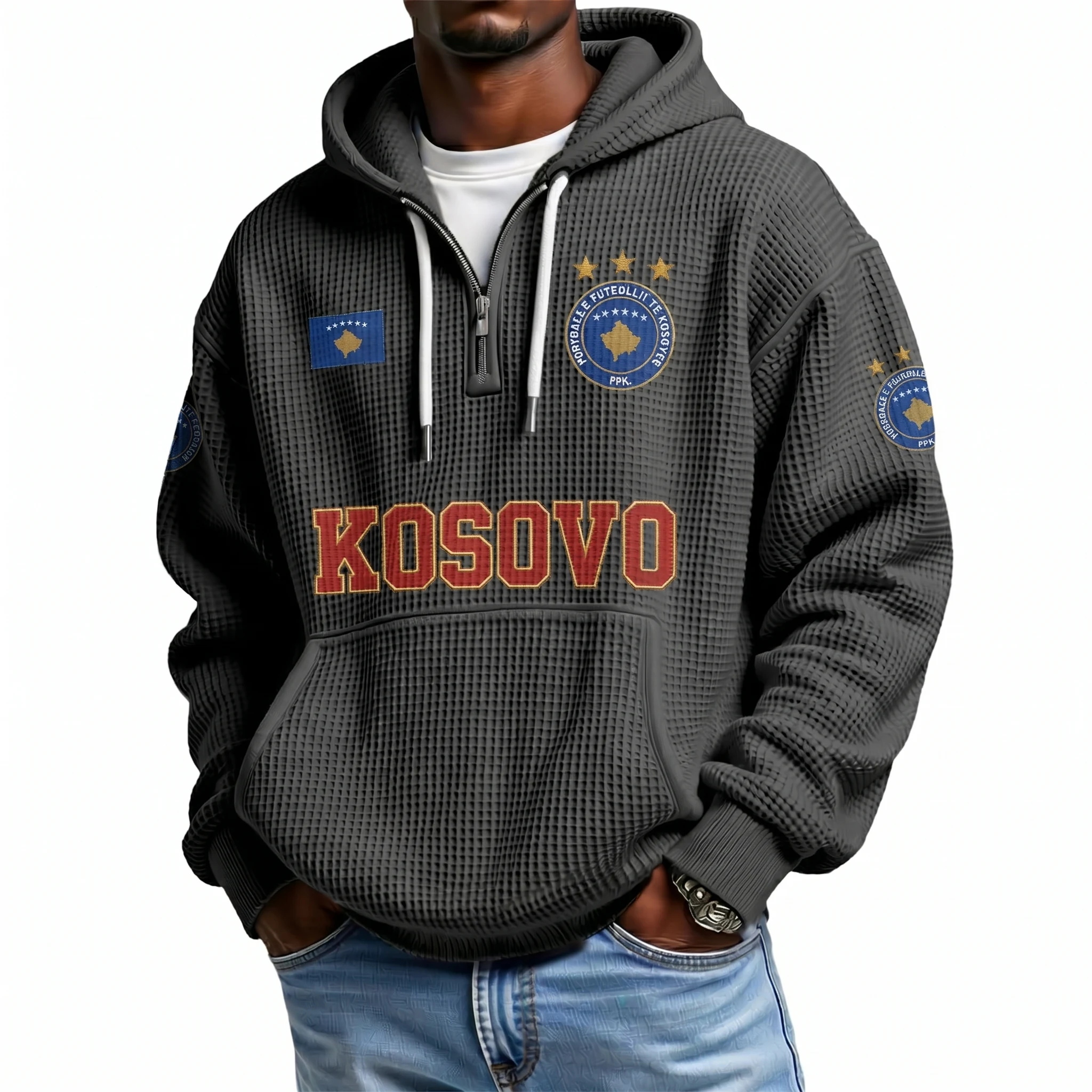 Kosovo Printed Waffle Quarter Zip Football Fan Hoodie