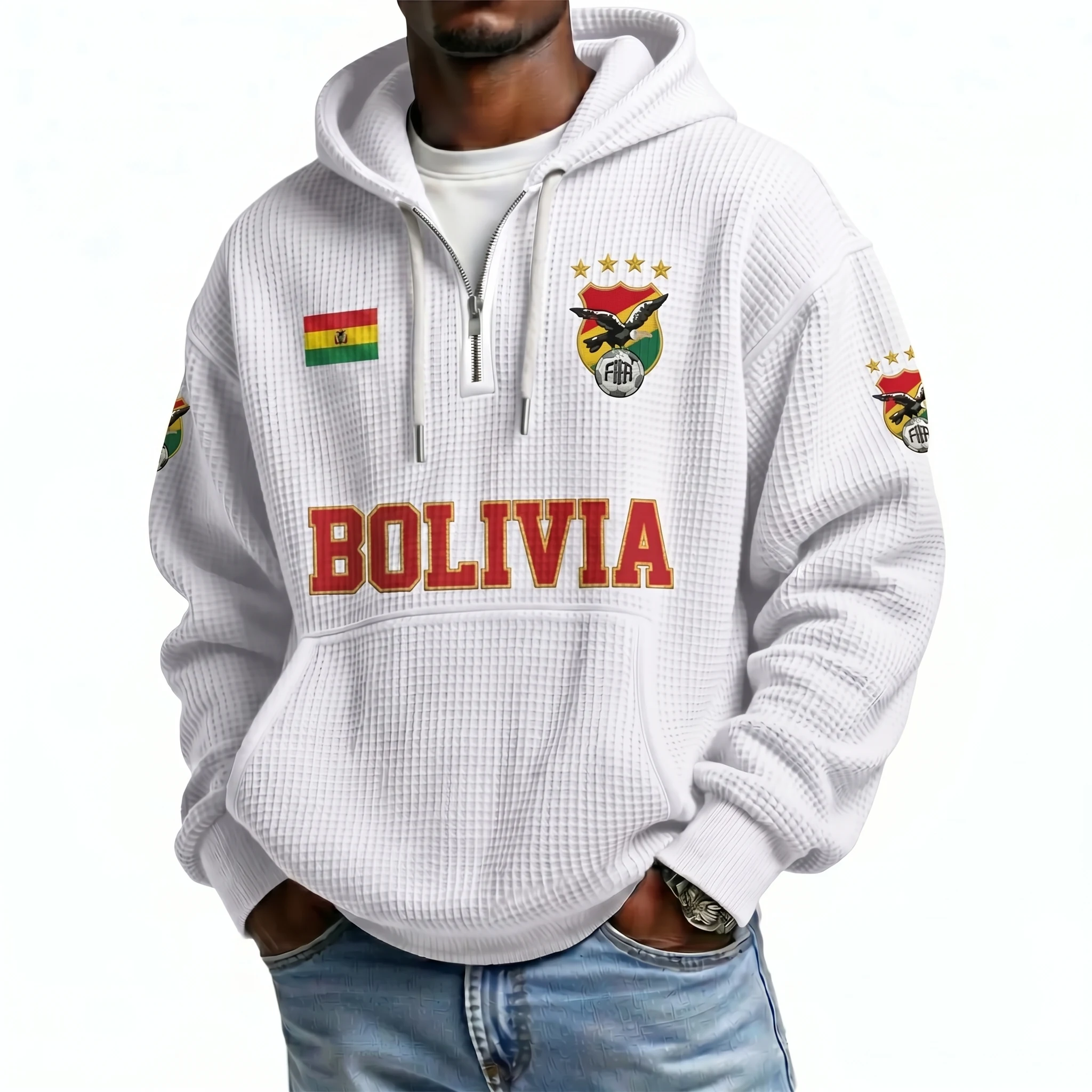 Bolivia Printed Waffle Quarter Zip Football Fan Hoodie