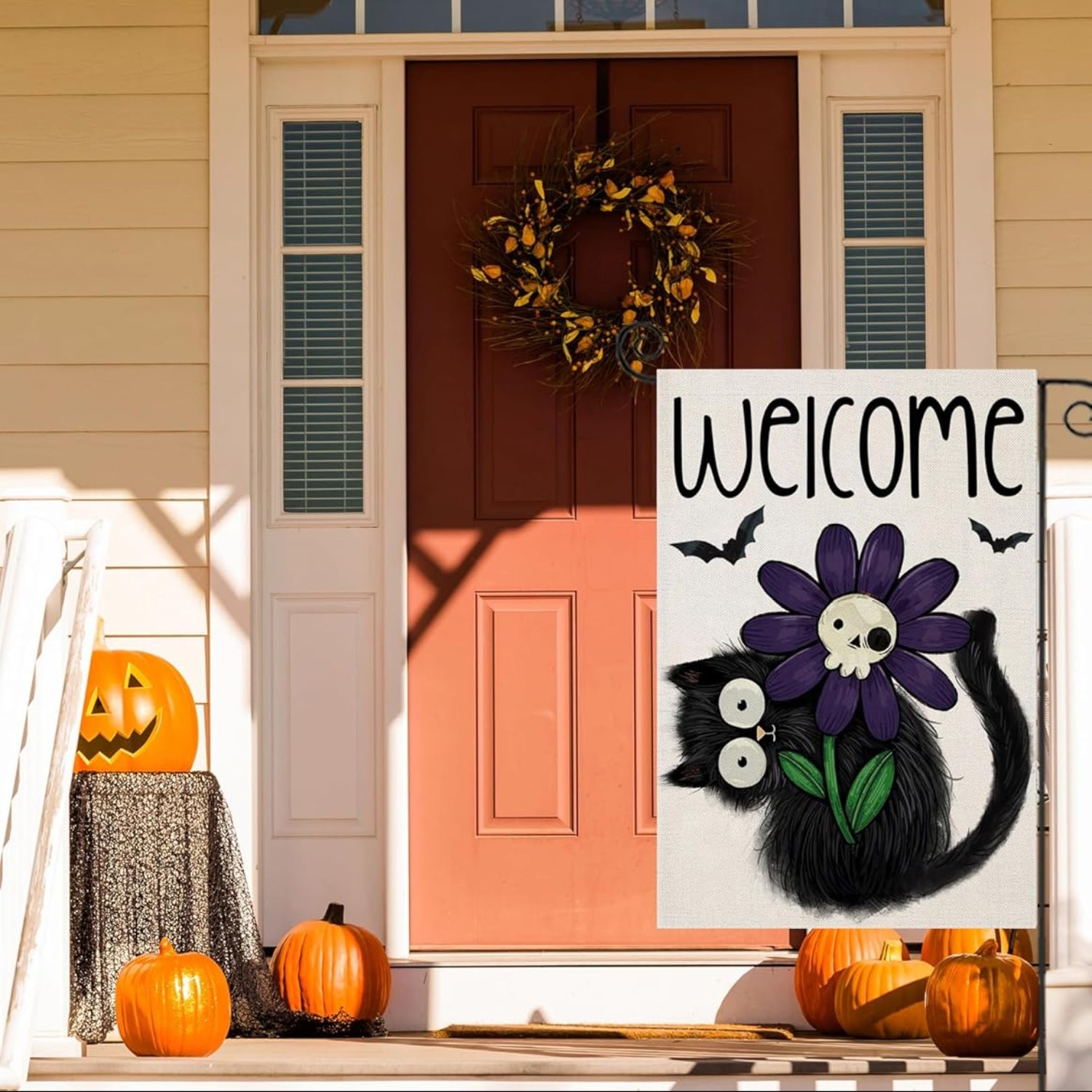 Halloween Theme Welcome Sign Flag For Decoration displayed indoors on wall mount