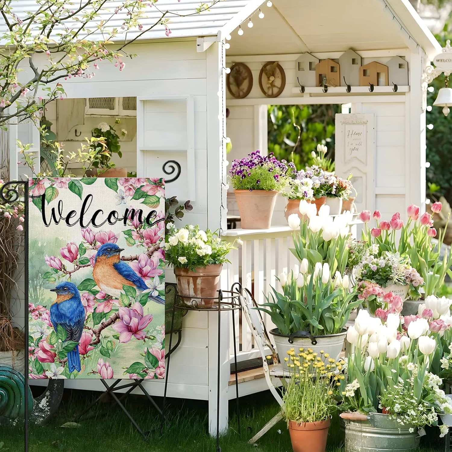 Flower And Birds Designed Decorative Welcome Sign displayed indoors on wall mount