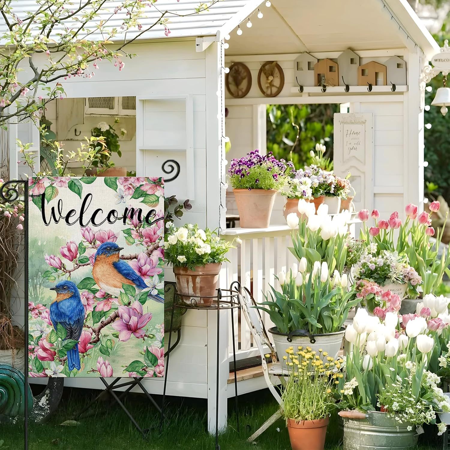 Flower And Birds Designed Decorative Welcome Sign-Globe Flags