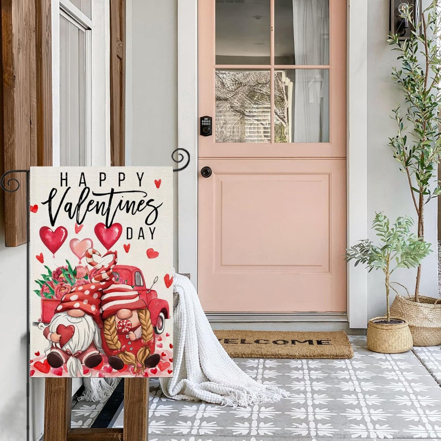 Happy Valentines Day Patterned Flag - close-up of fabric and stitching detail