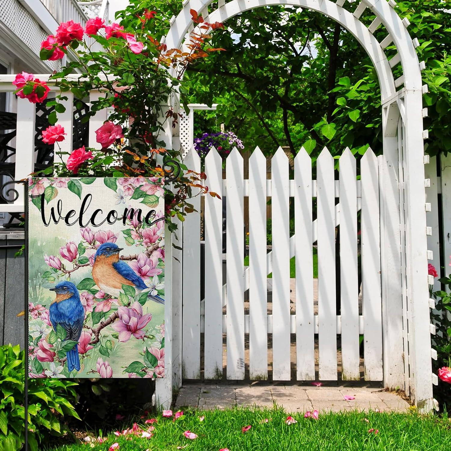 Flower And Birds Designed Decorative Welcome Sign flying on outdoor flagpole