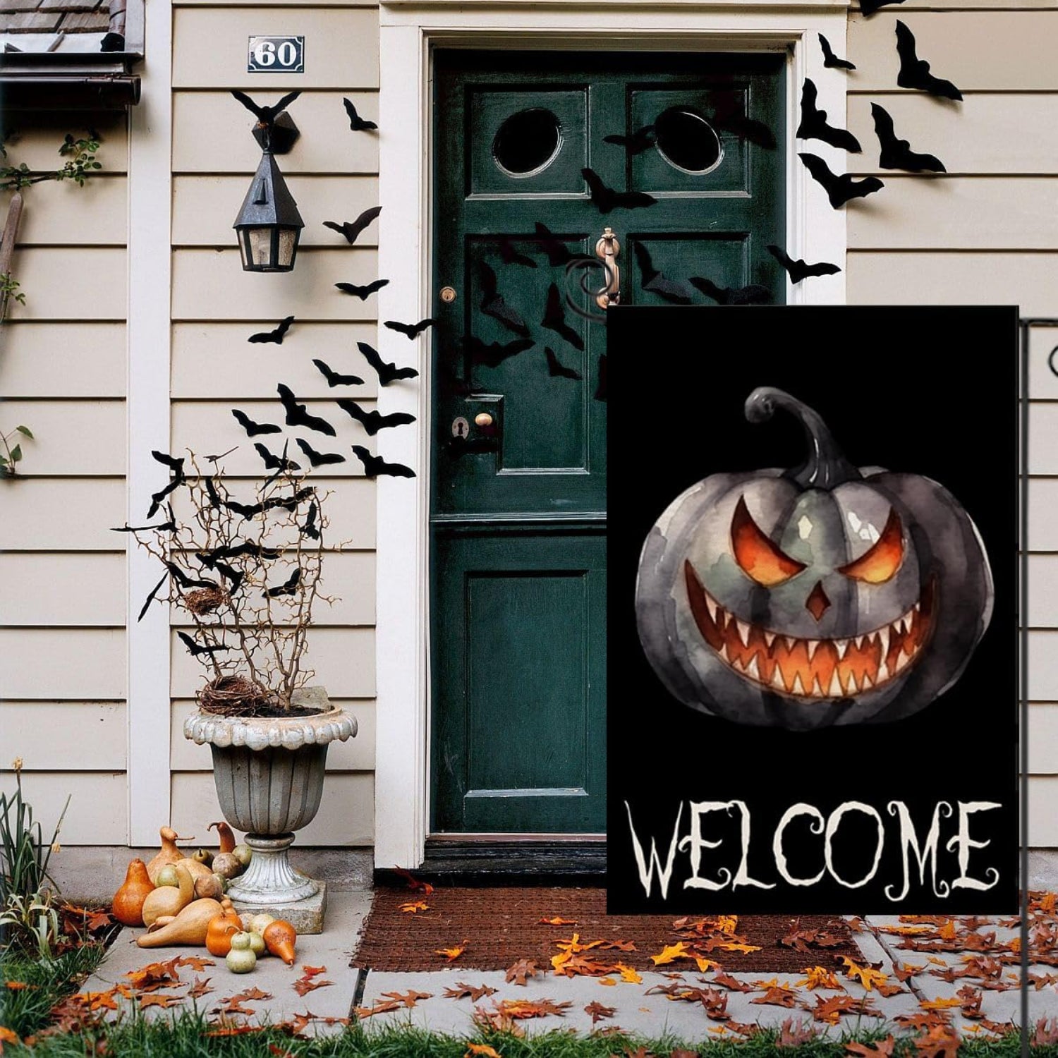 Halloween Pumpkin Printed Garden Flag For Yard Decor displayed outdoors on garden stake