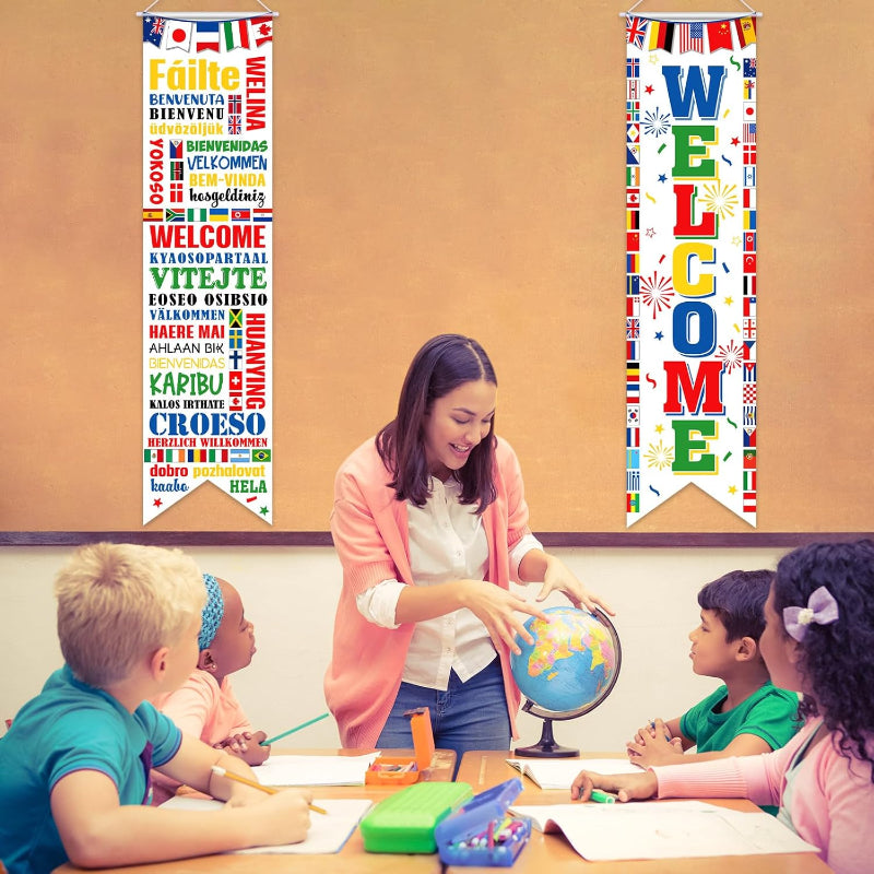 2 Pack World Flags Welcome Banners - For Global Events Decoration hanging banner display