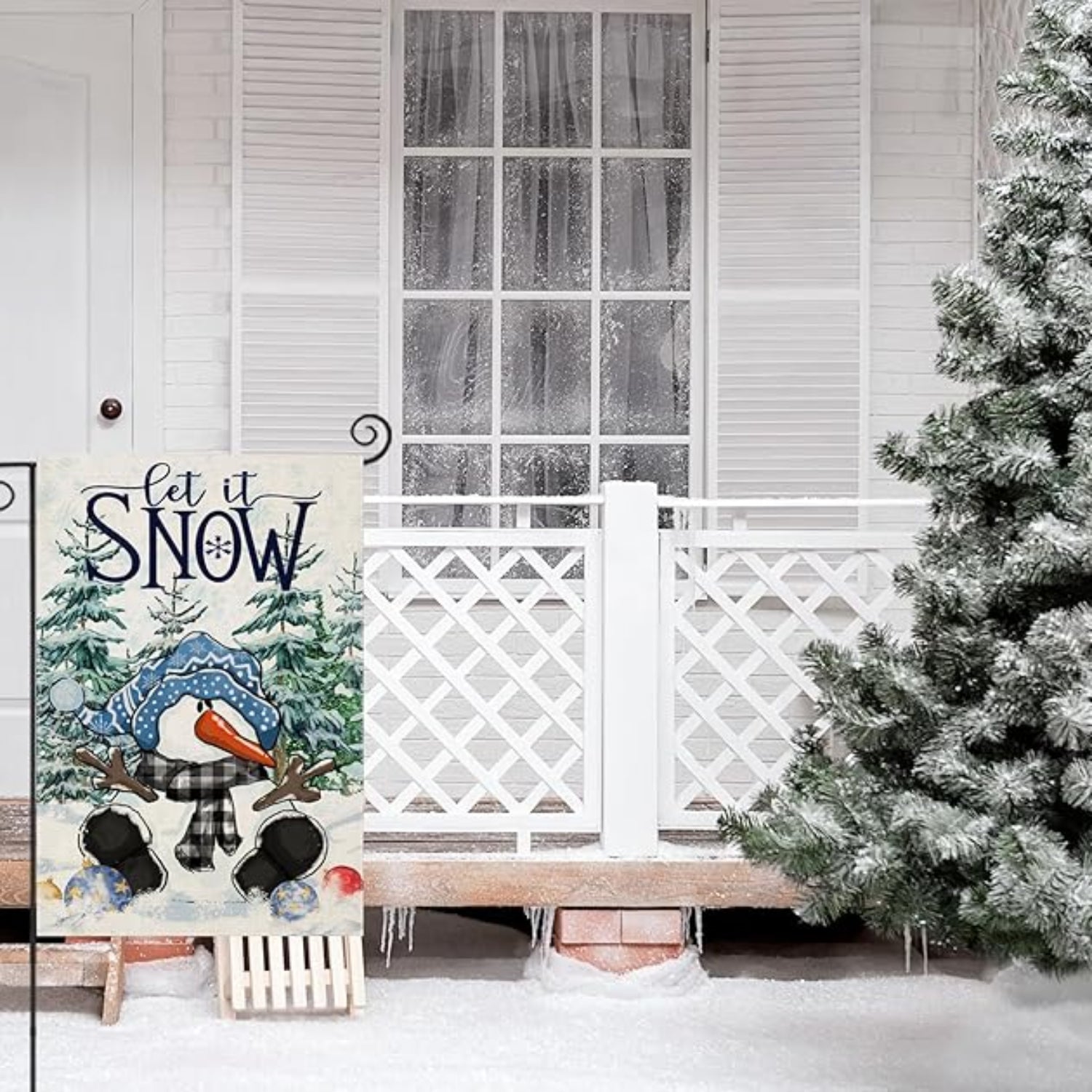 Let It Snow Printed Garden Flag For Yard Decor displayed outdoors on garden stake