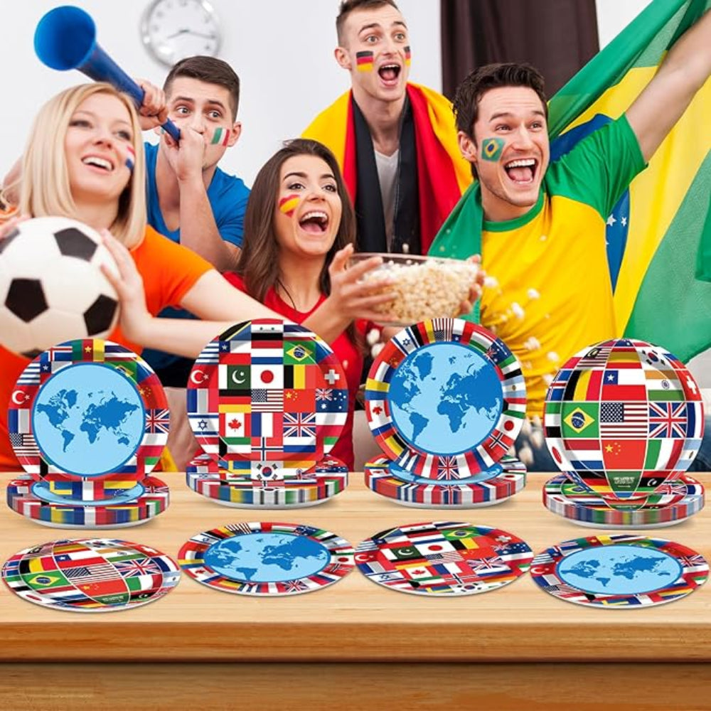 80 Pc Global Party Decorations - Disposable Party Plates flying on outdoor flagpole