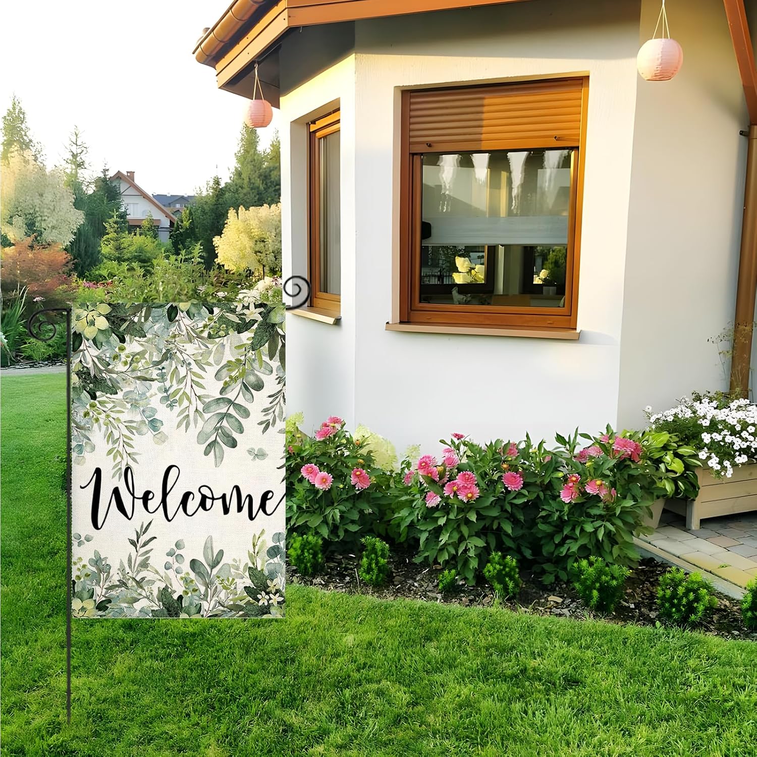 Double Sided Welcome Sign Garden Flag close-up showing double-sided print quality