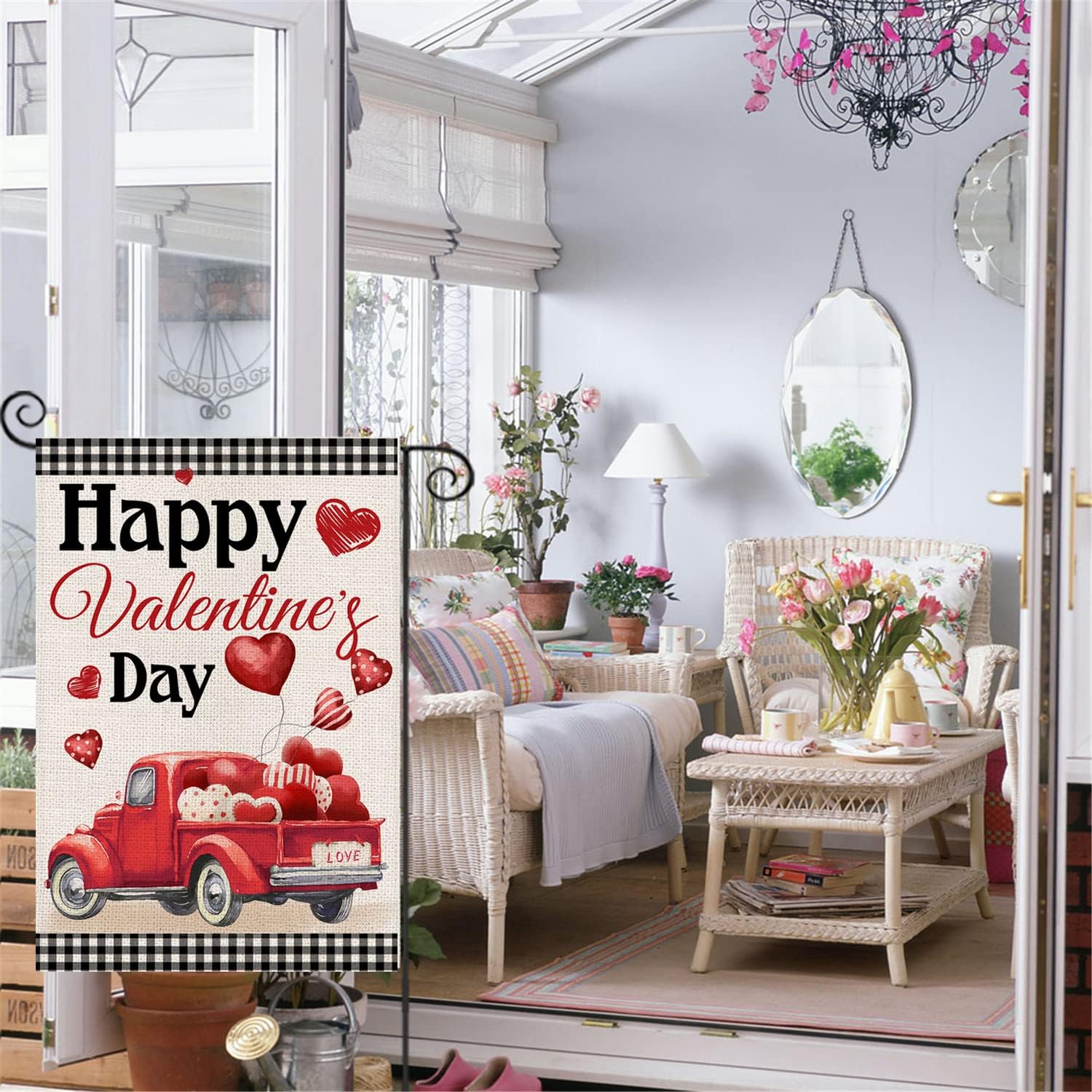 Valentine Plaid Truck With Balloons Printed Outdoor House Flag with brass grommet hardware detail