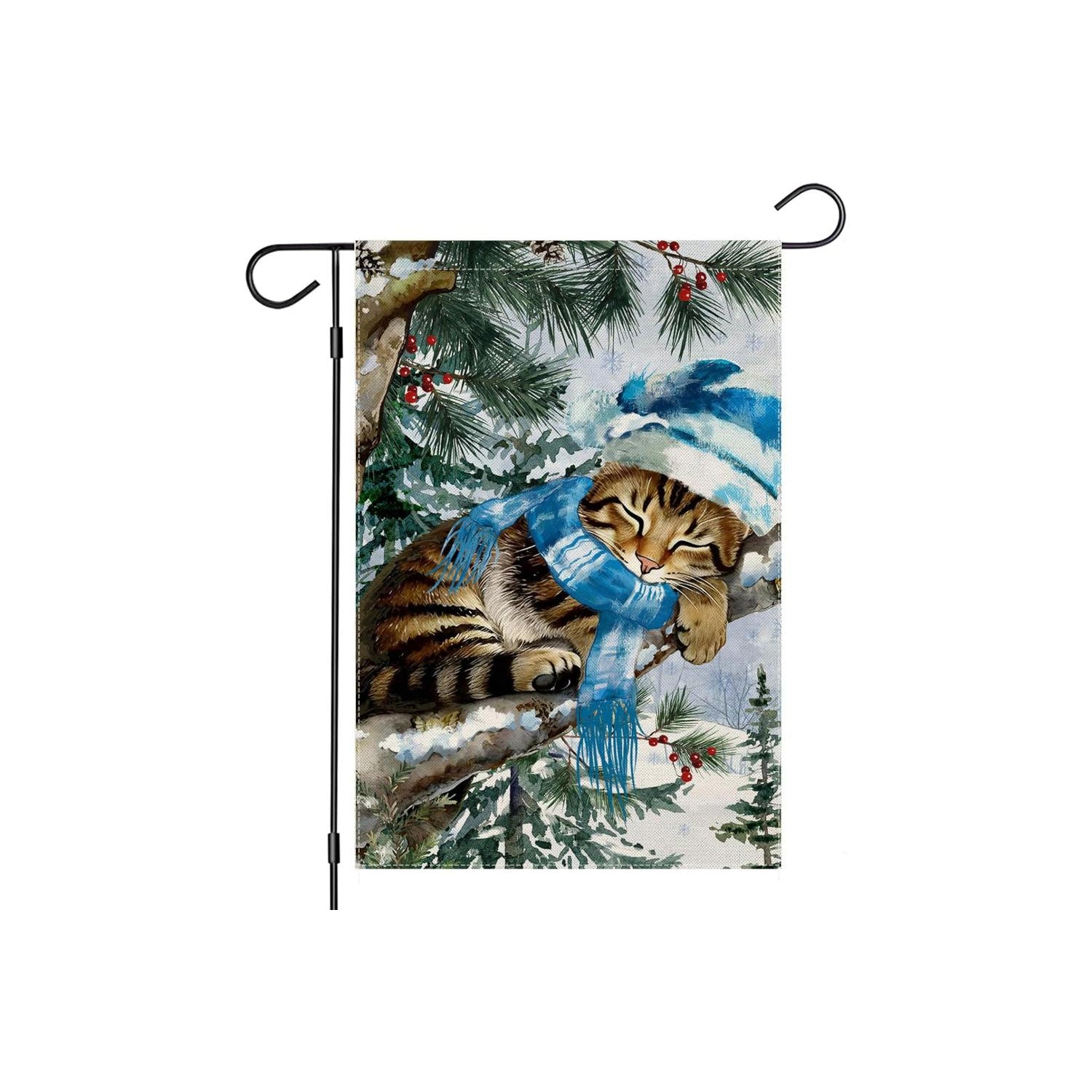 Winter Cat Printed Flag For Outdoor Decoration flying on outdoor flagpole