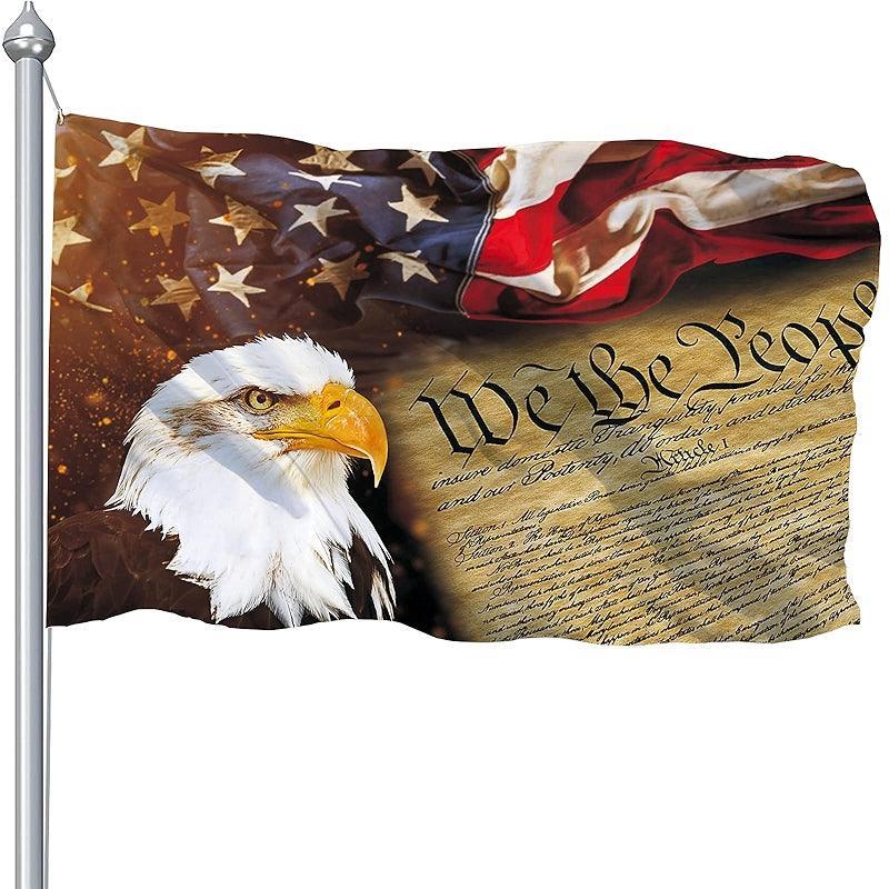 Patriotic Double Printed Banner – Bald Eagle with Constitution Flag-Globe Flags