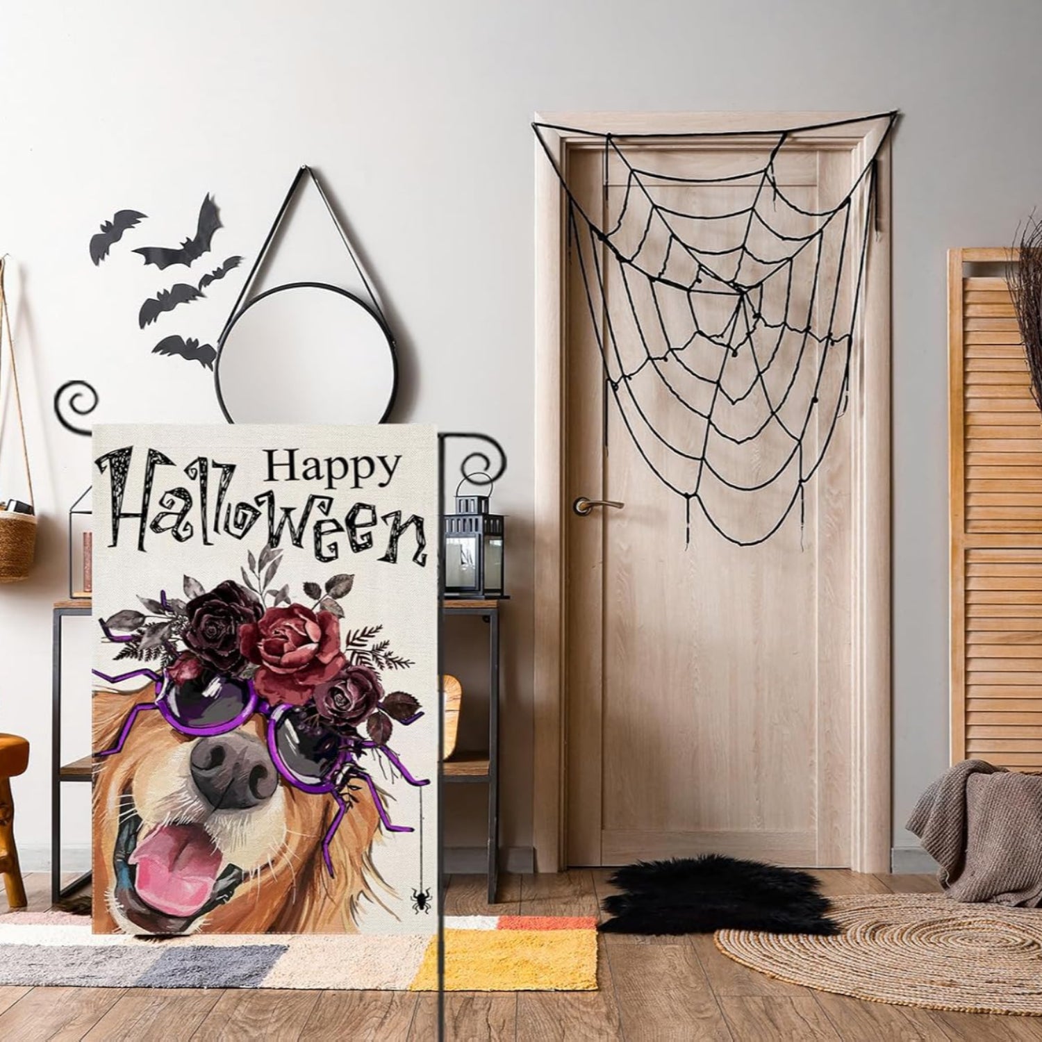 Funky Halloween Dog Printed Flag For Garden Decoration displayed indoors on wall mount