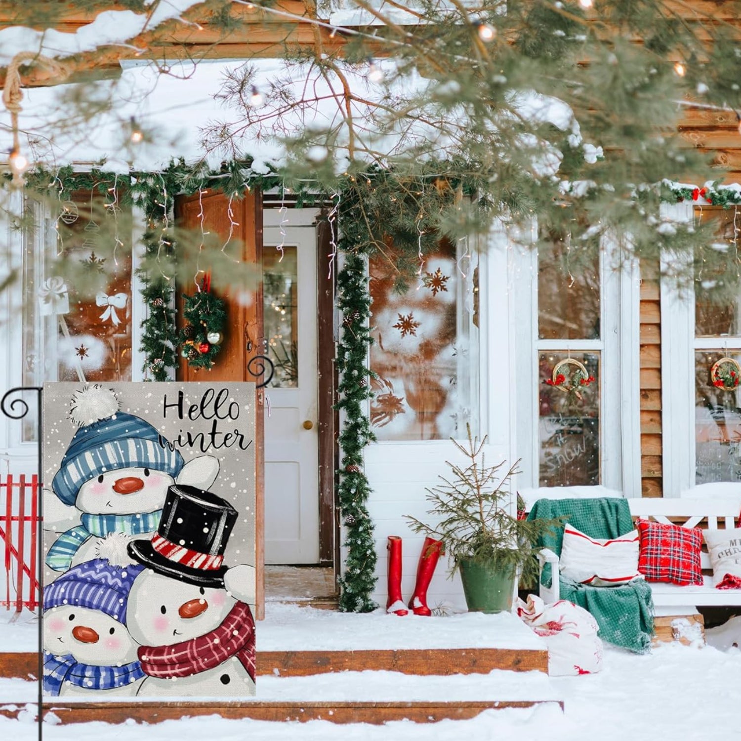 Snowman Printed Flag For Winter Decoration displayed indoors on wall mount