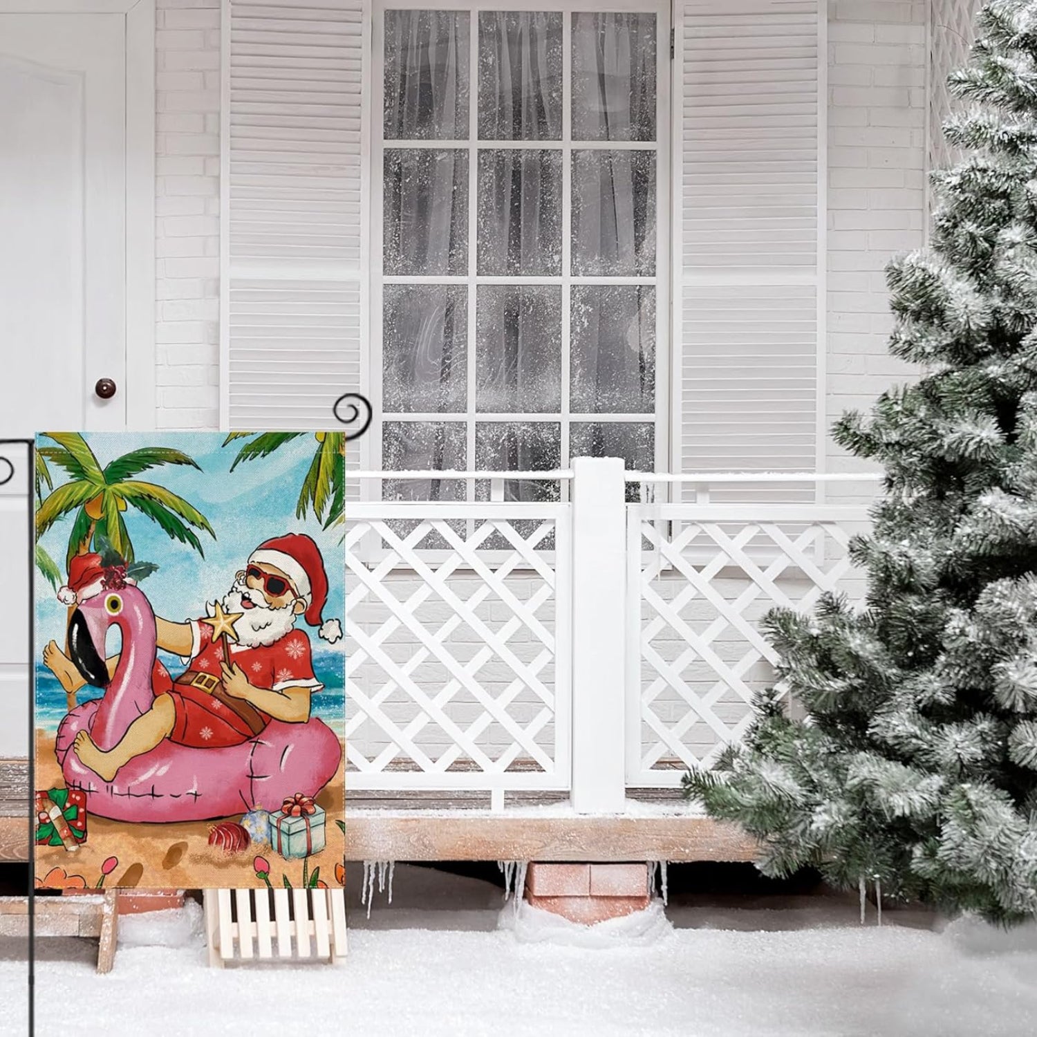 Tropical Santa Printed Christmas Garden Flag fabric detail and color accuracy