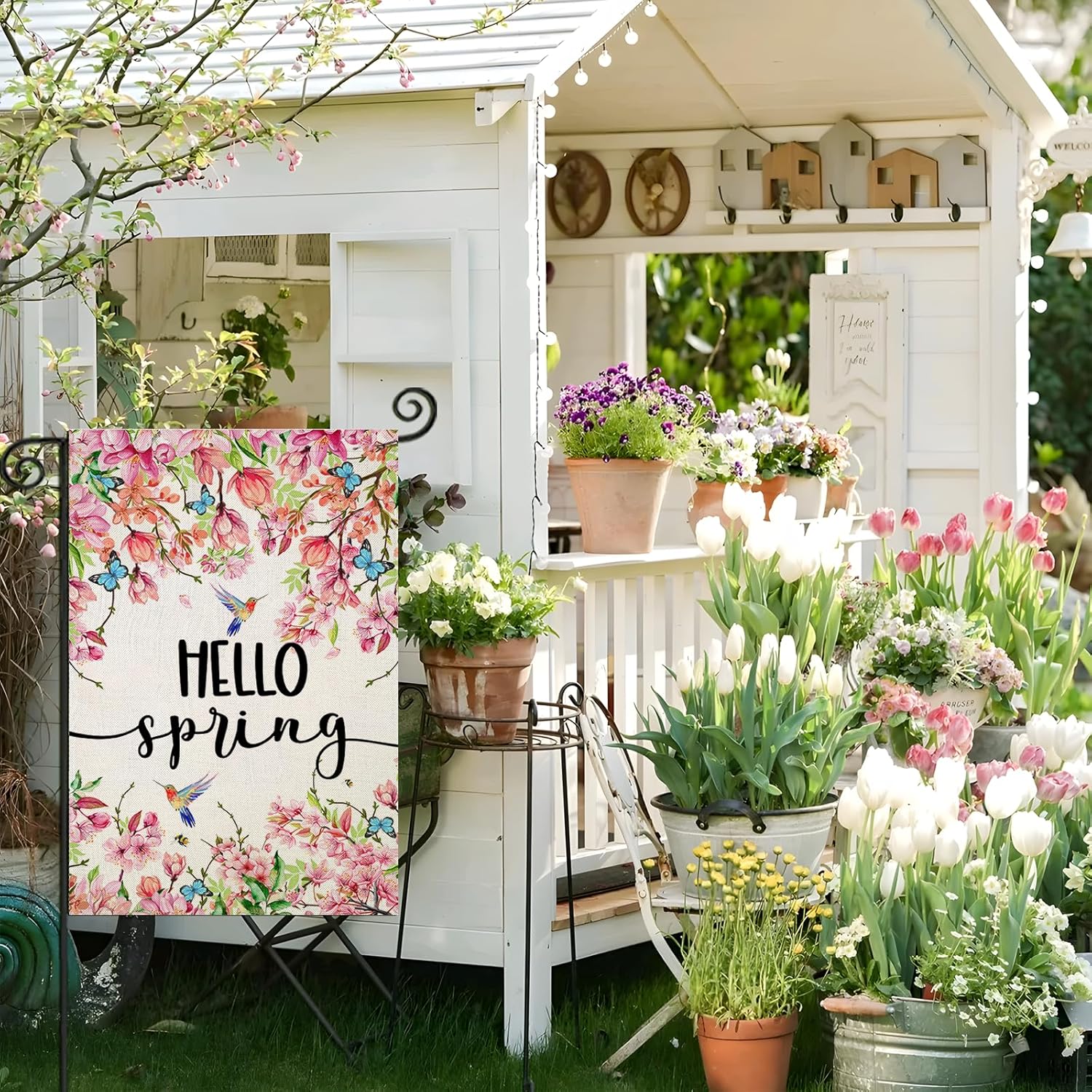 Hello Spring Print Welcome Sign For Garden Decoration with brass grommet hardware detail