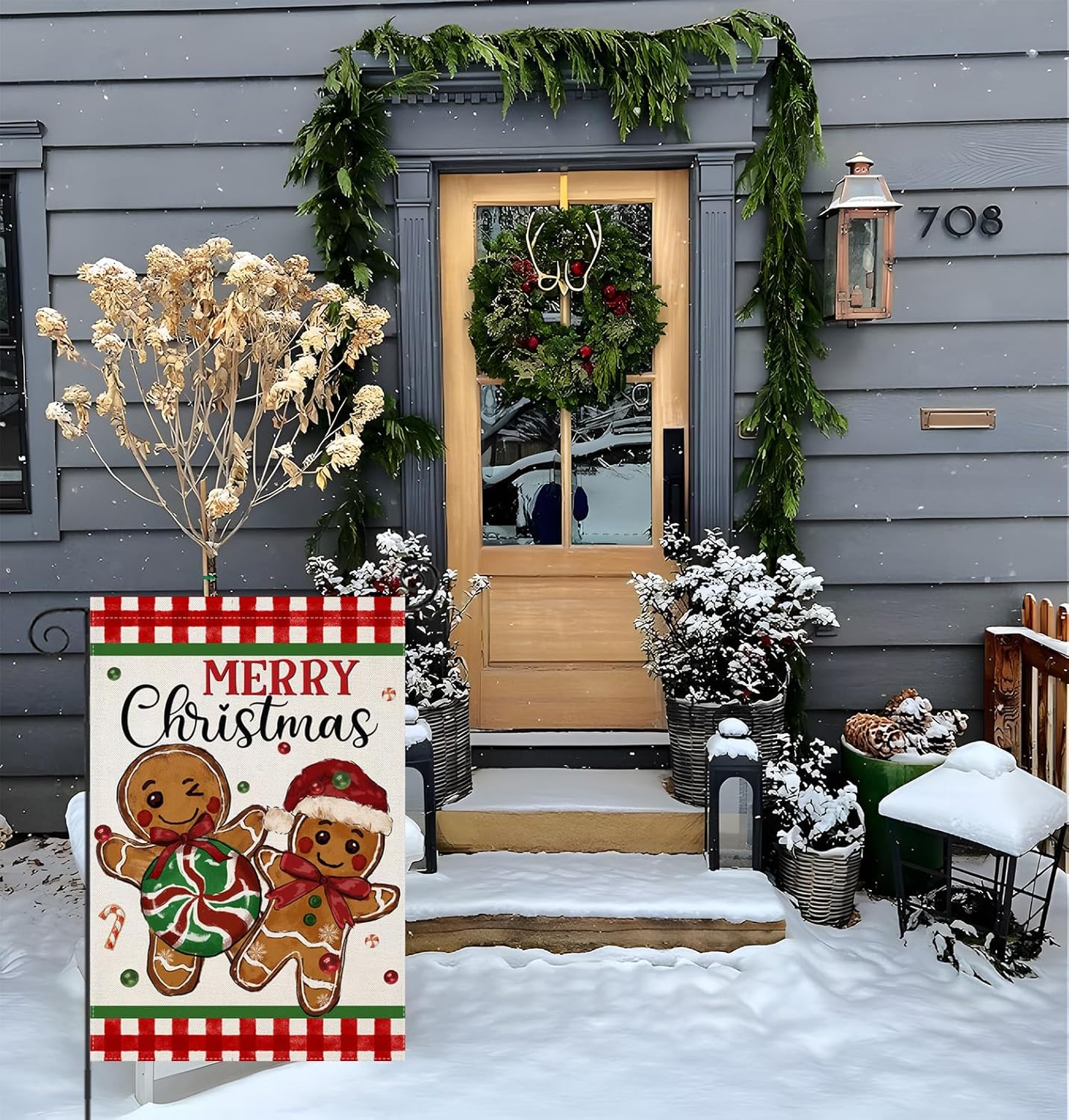 Gingerbread Patterned Flag For Holiday Decoration displayed indoors on wall mount