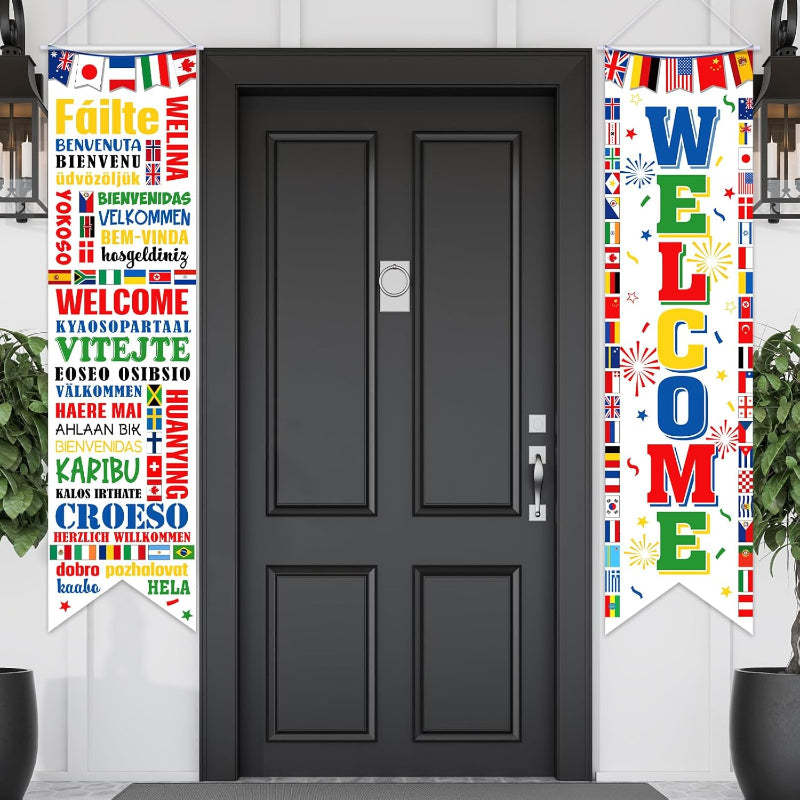 2 Pack World Flags Welcome Banners - For Global Events Decoration-Globe Flags