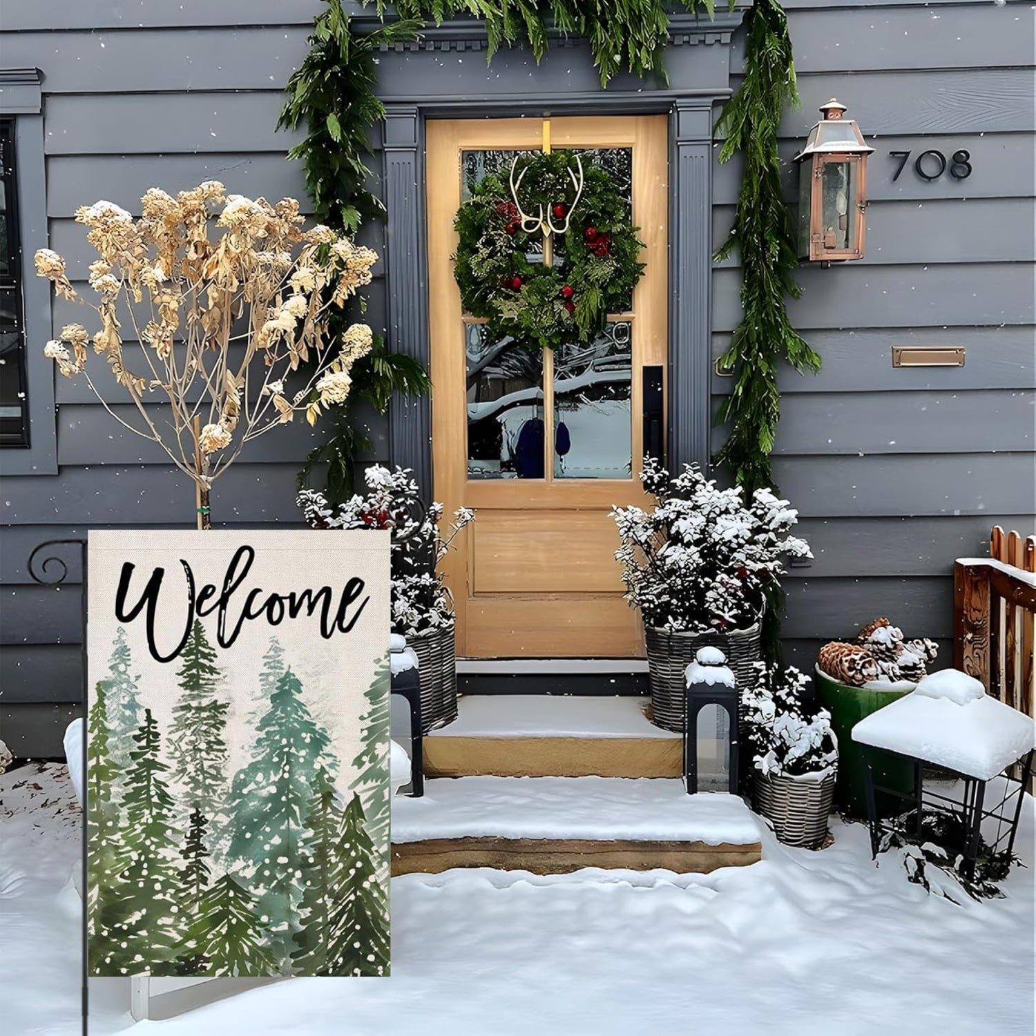 Welcome Printed Flag For Outdoor Decor with brass grommet hardware detail