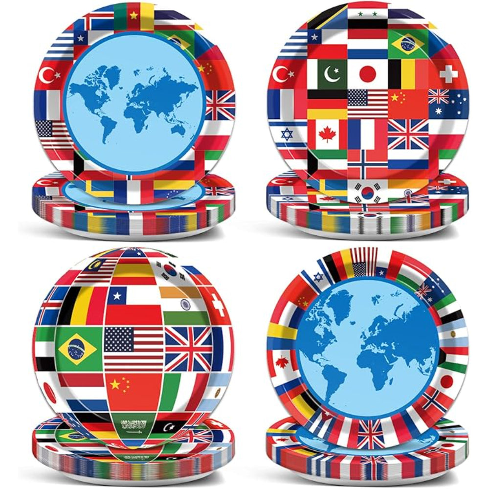 80 Pc Global Party Decorations - Disposable Party Plates - front view on white background