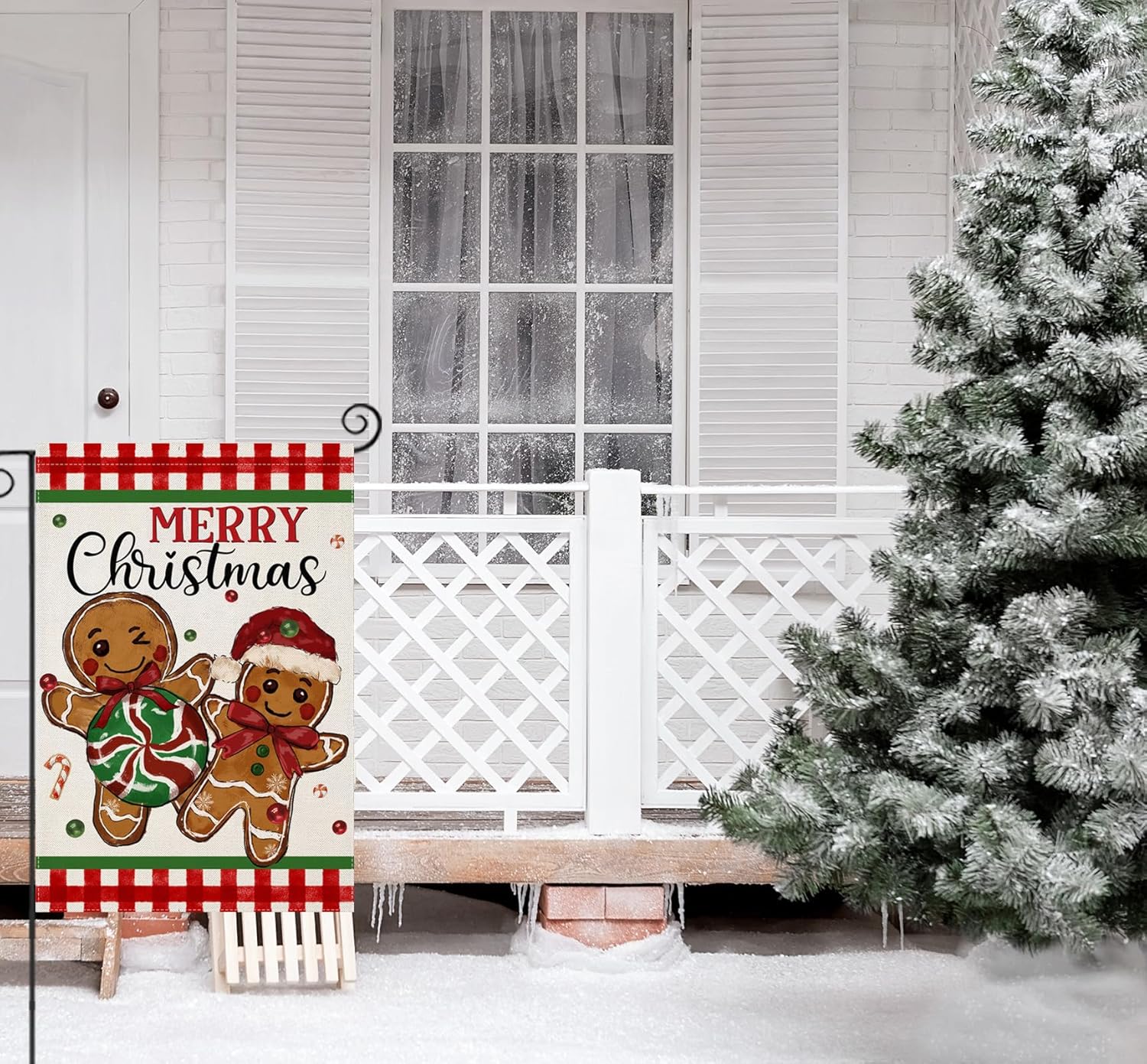 Gingerbread Patterned Flag For Holiday Decoration flying on outdoor flagpole