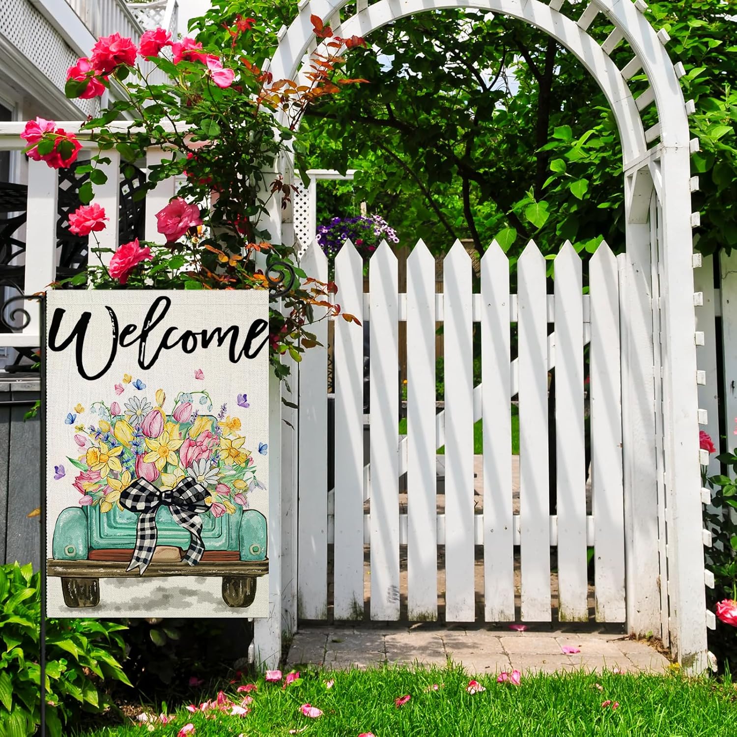 Seasonal Truck With Flowers Printed Garden Flag displayed outdoors on garden stake