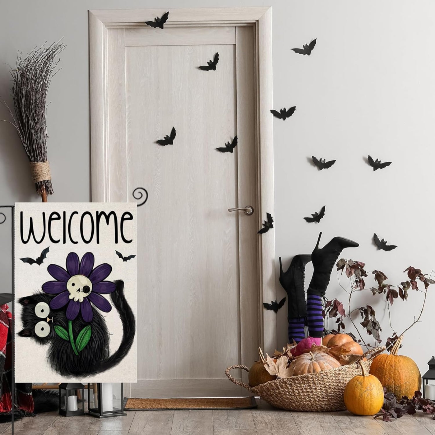 Halloween Theme Welcome Sign Flag For Decoration flying on outdoor flagpole