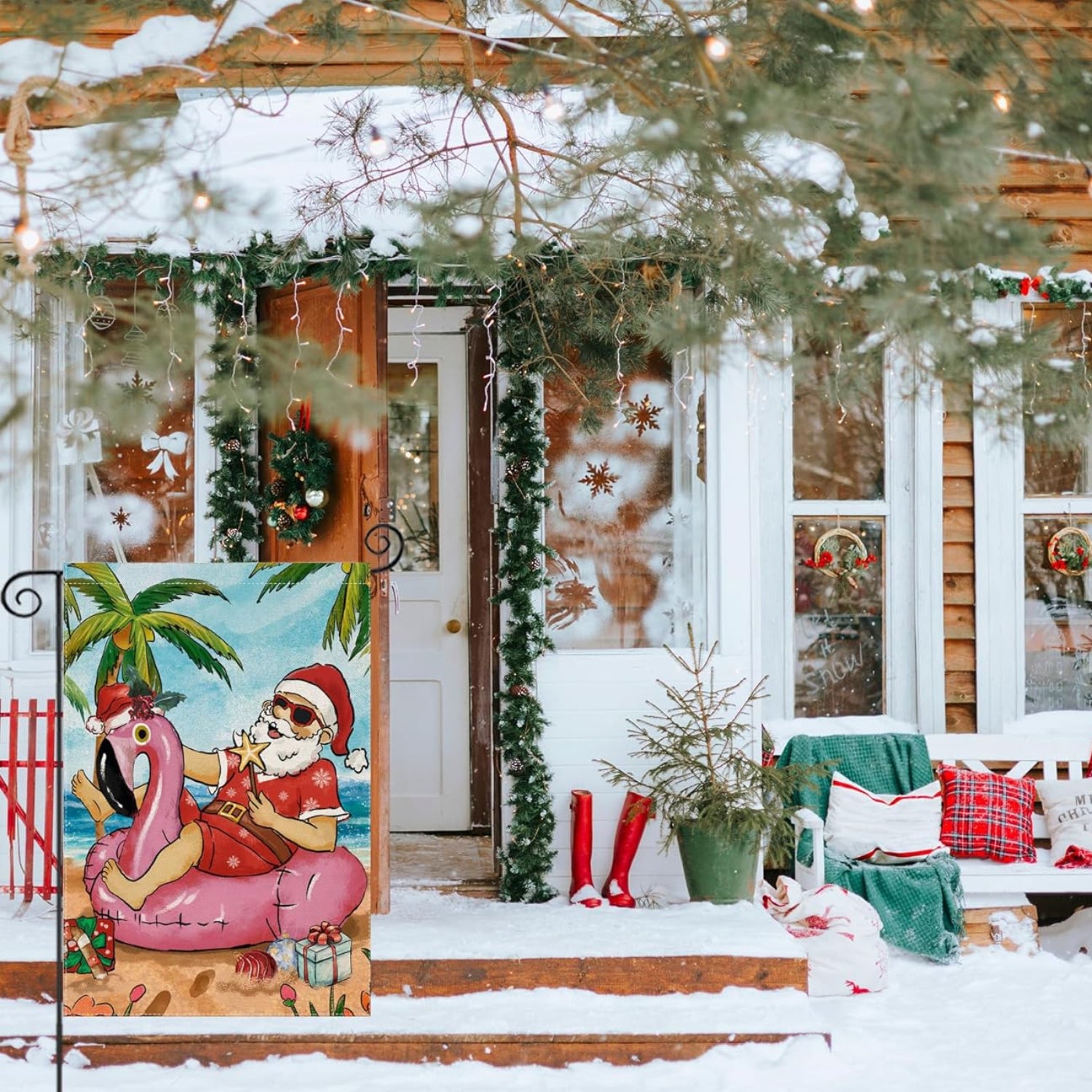 Tropical Santa Printed Christmas Garden Flag close-up showing double-sided print quality