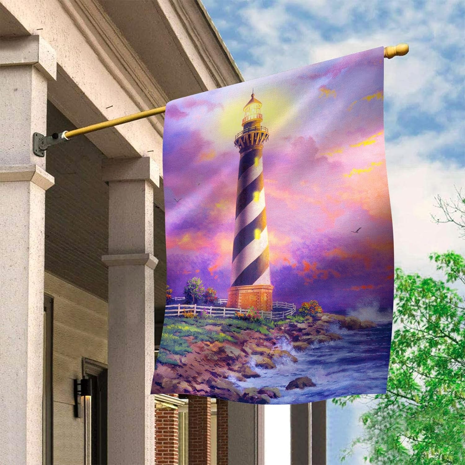 Decorative Lighthouse Printed Flag For Home And Garden close-up showing fabric texture and vivid colors