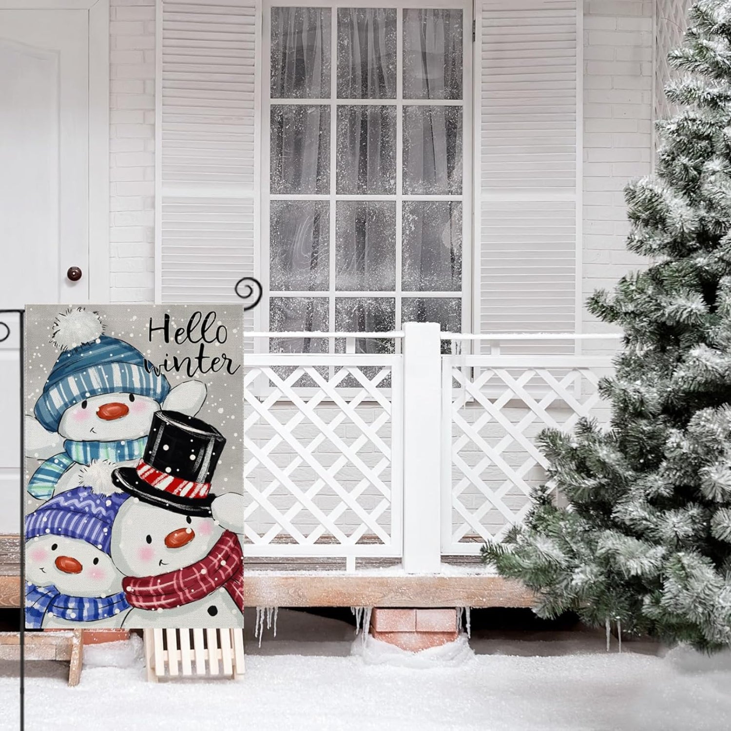 Snowman Printed Flag For Winter Decoration flying on outdoor flagpole