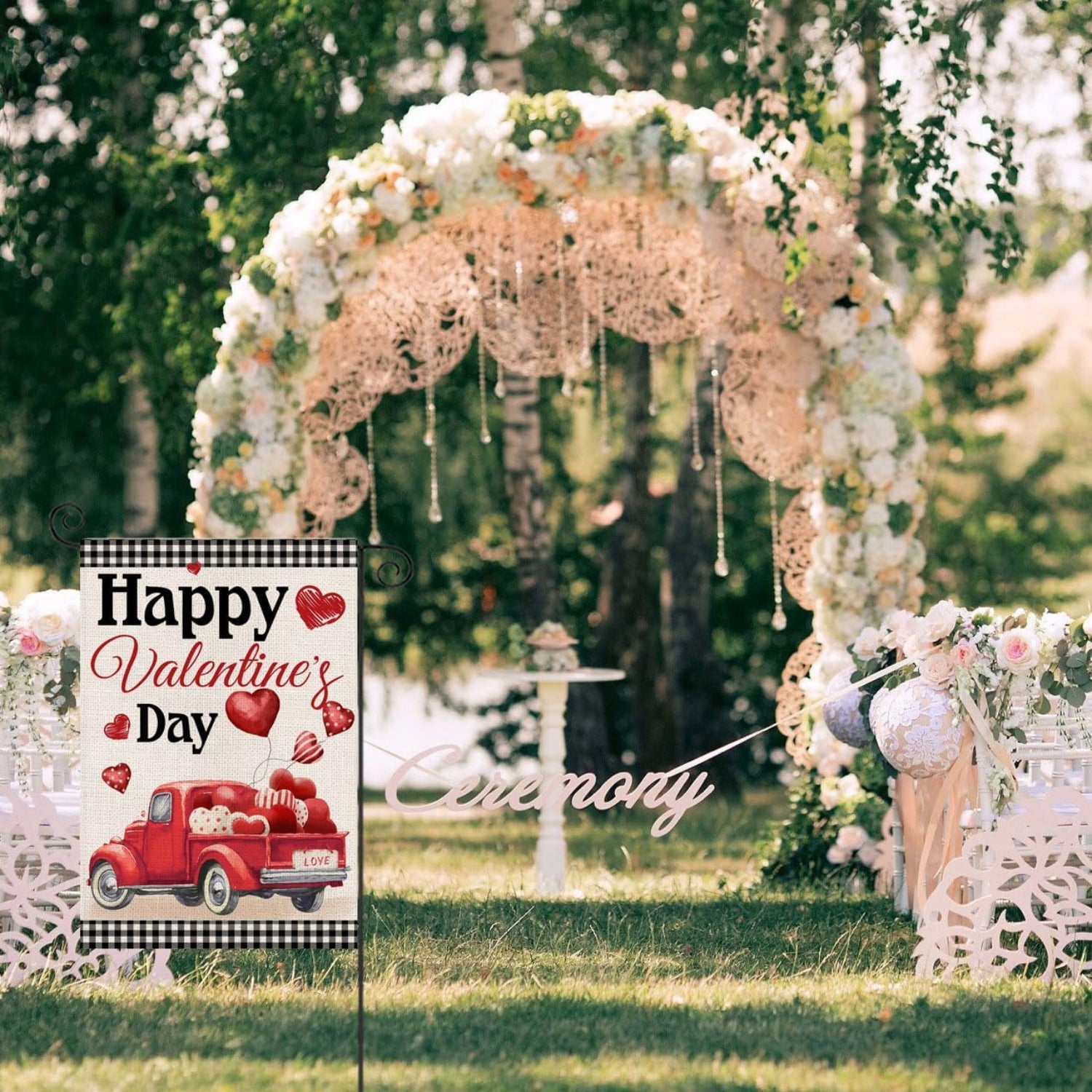Valentine Plaid Truck With Balloons Printed Outdoor House Flag flying on outdoor flagpole