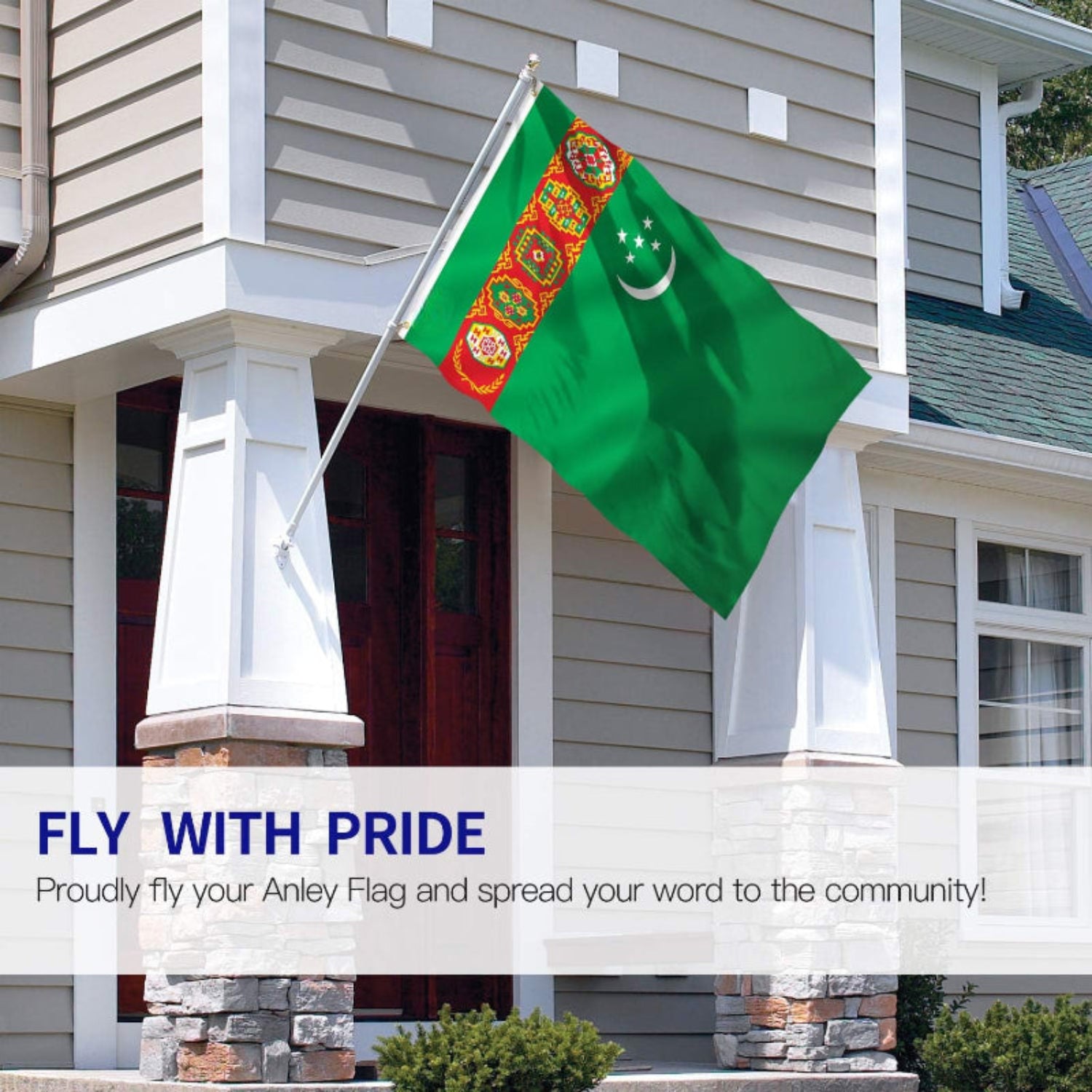 Embroidered Turkmenistan Flag With Brass Grommets-Globe Flags