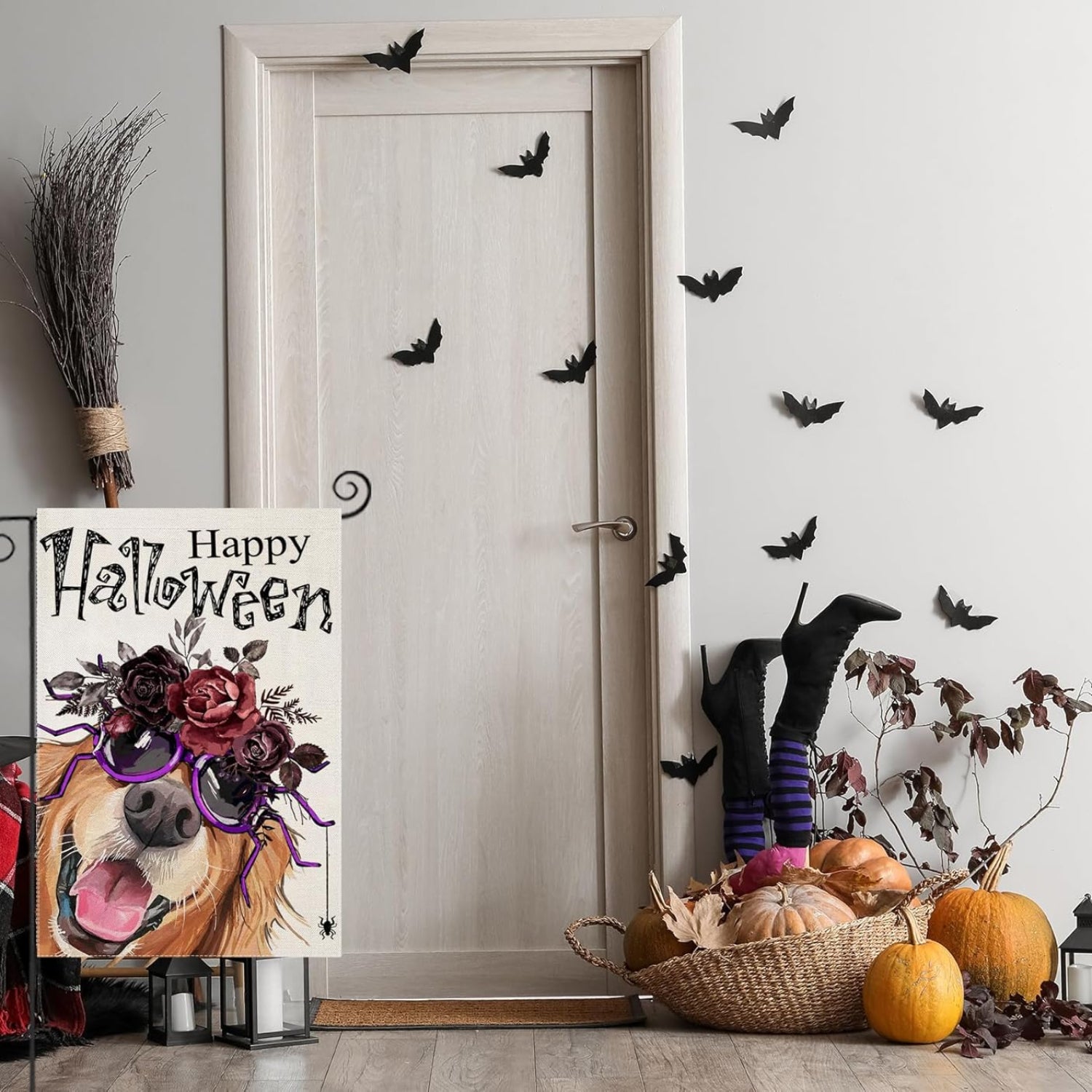 Funky Halloween Dog Printed Flag For Garden Decoration close-up showing fabric texture and vivid colors