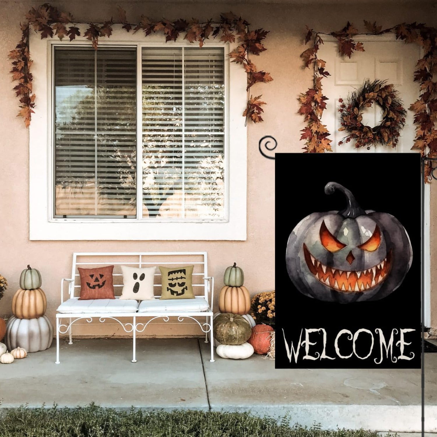 Halloween Pumpkin Printed Garden Flag For Yard Decor close-up showing double-sided print quality