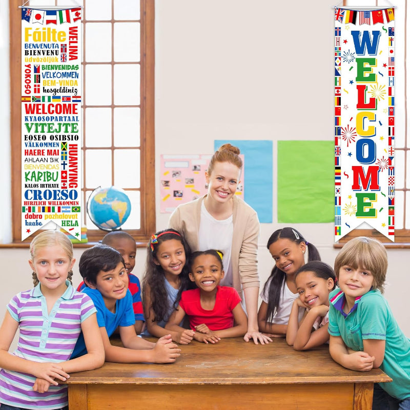 2 Pack World Flags Welcome Banners - For Global Events Decoration close-up showing fabric and print quality