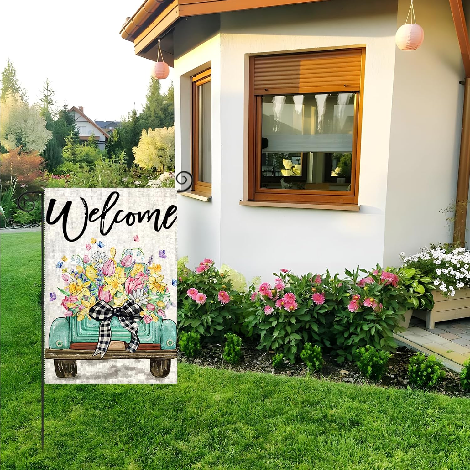 Seasonal Truck With Flowers Printed Garden Flag close-up showing double-sided print quality
