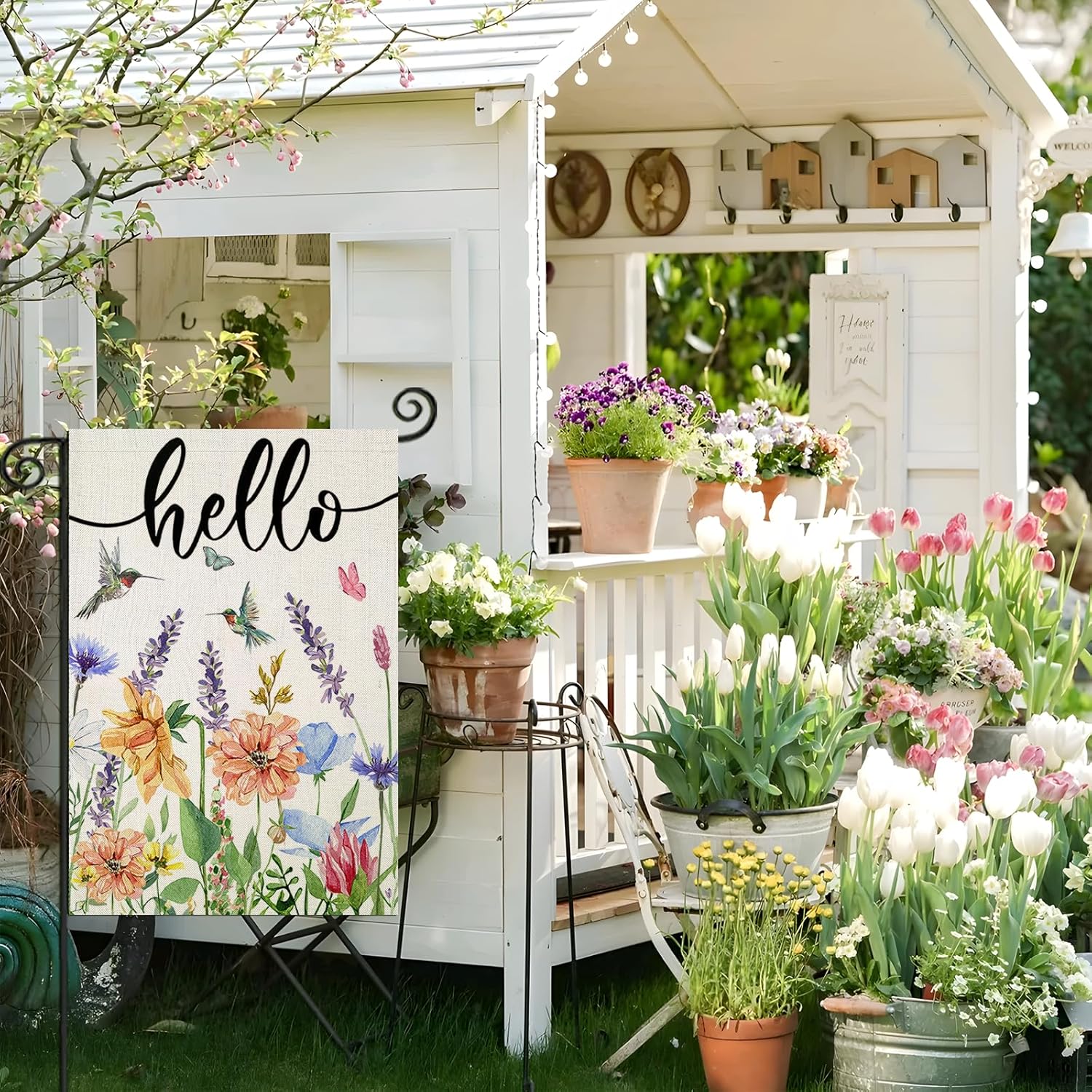 Spring Floral Themed Garden Flag in garden yard setting