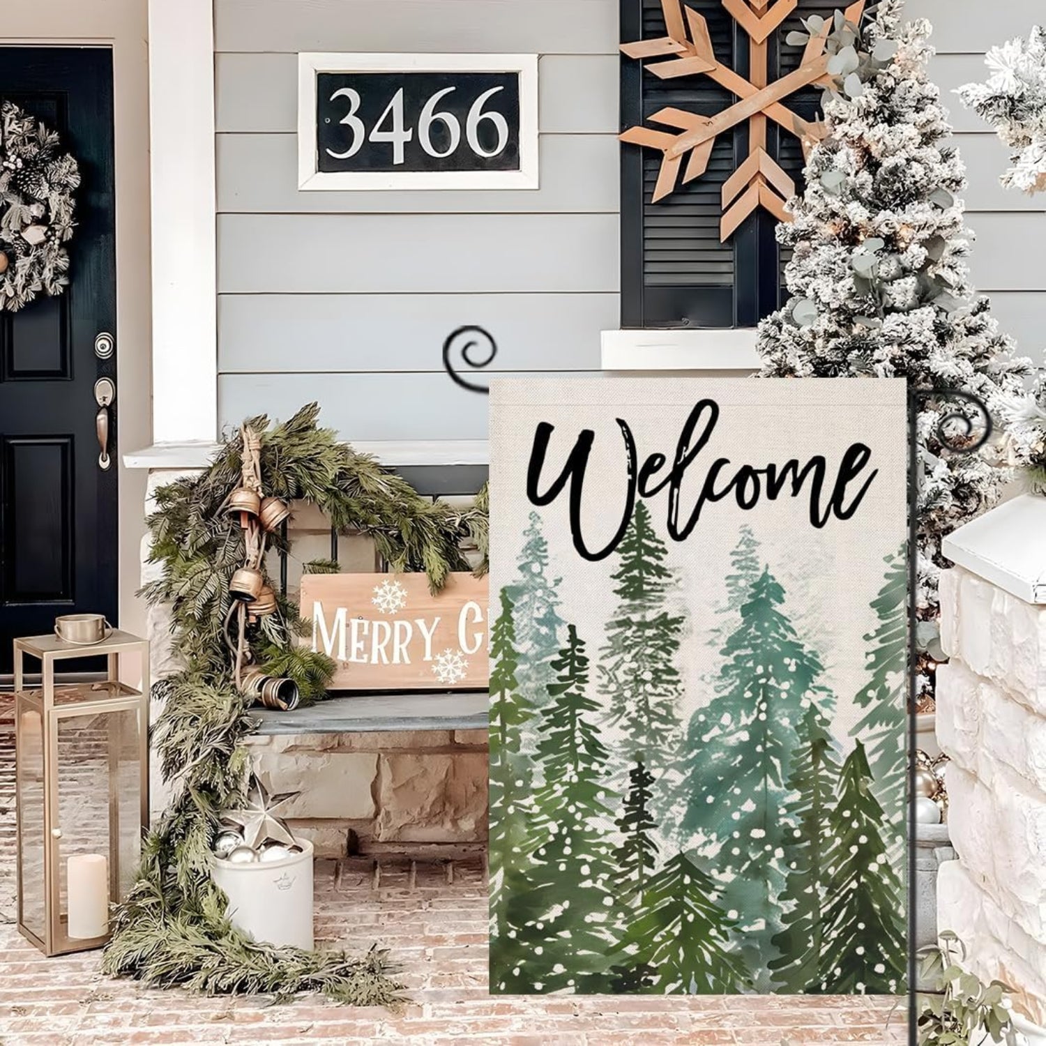 Welcome Printed Flag For Outdoor Decor displayed indoors on wall mount