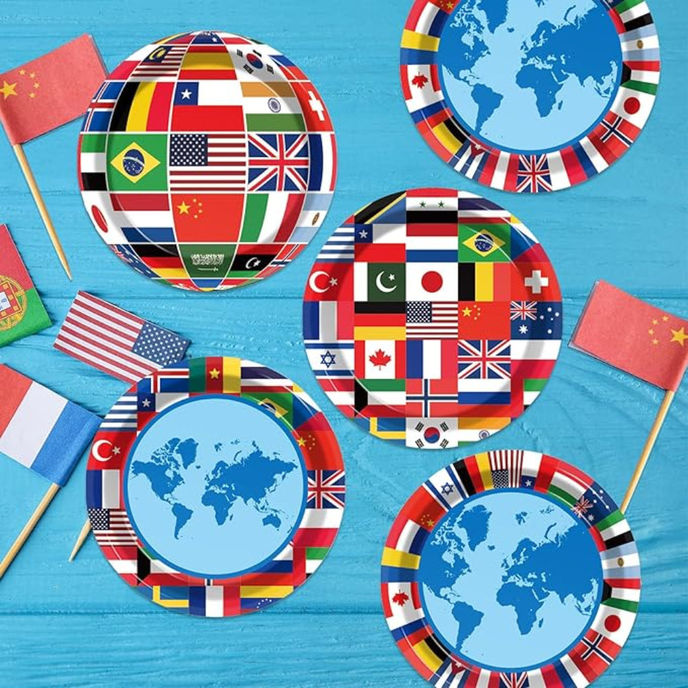 80 Pc Global Party Decorations - Disposable Party Plates close-up showing fabric texture and vivid colors