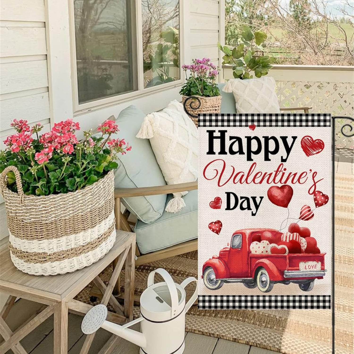 Valentine Plaid Truck With Balloons Printed Outdoor House Flag close-up showing fabric texture and vivid colors