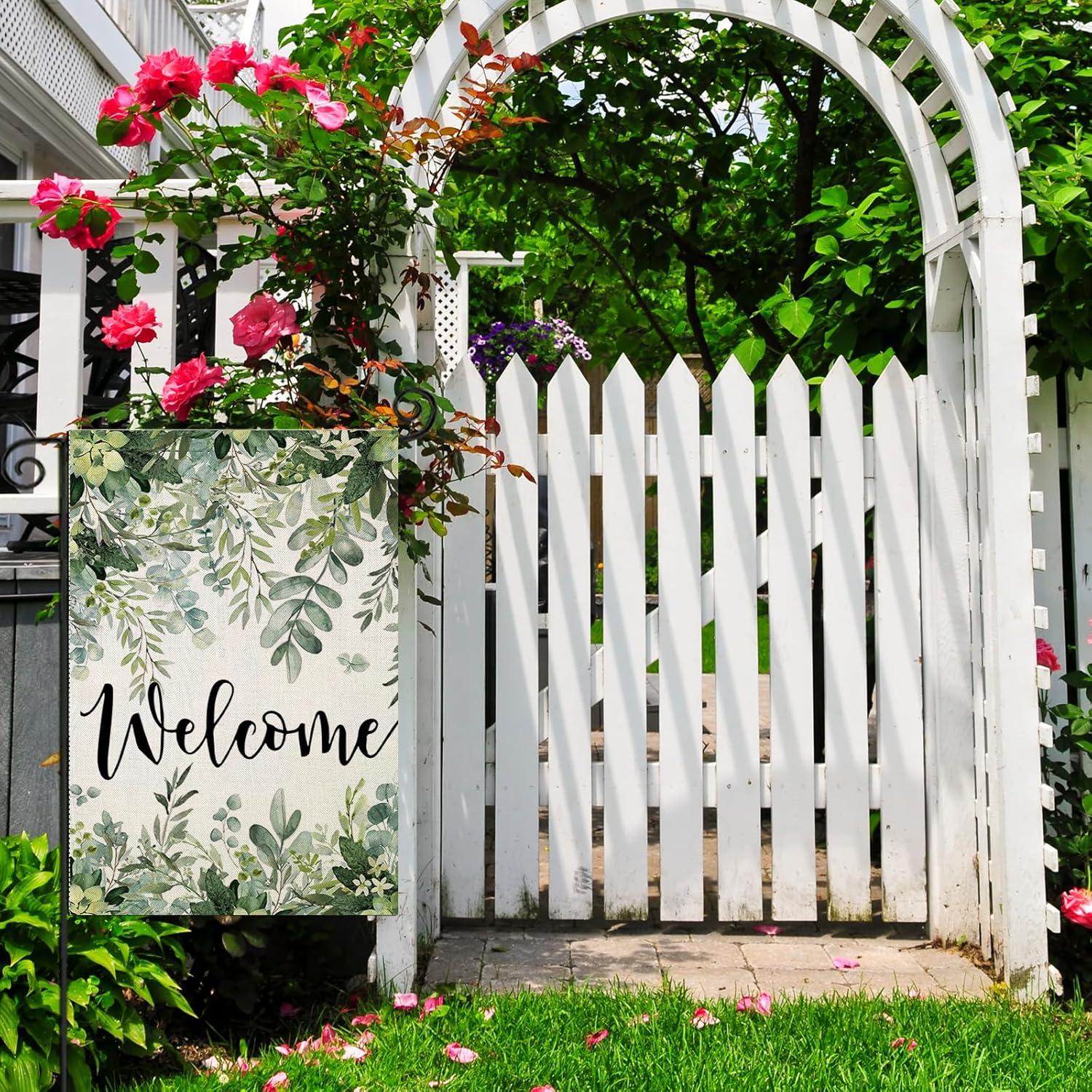 Double Sided Welcome Sign Garden Flag - product view on white background