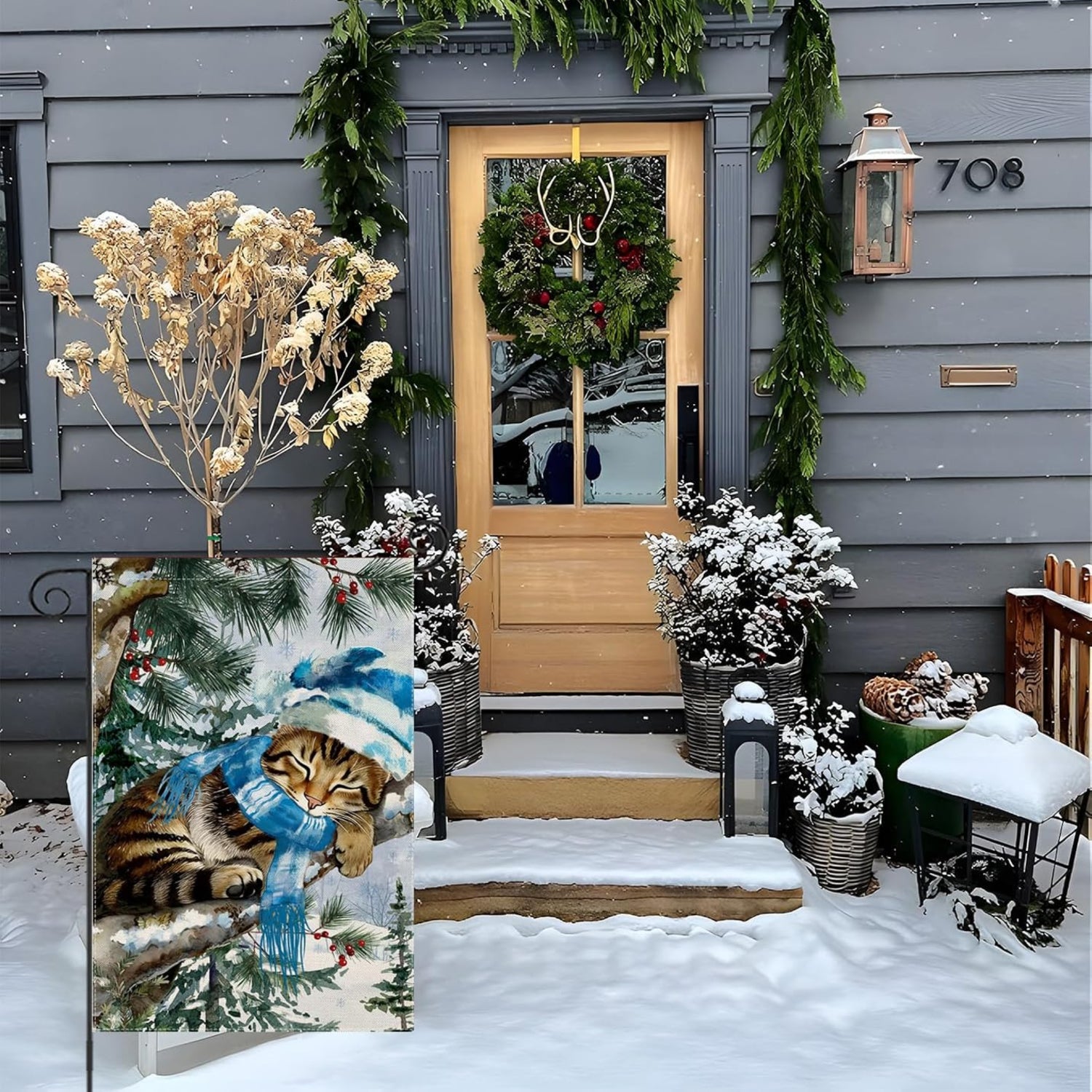 Winter Cat Printed Flag For Outdoor Decoration displayed indoors on wall mount