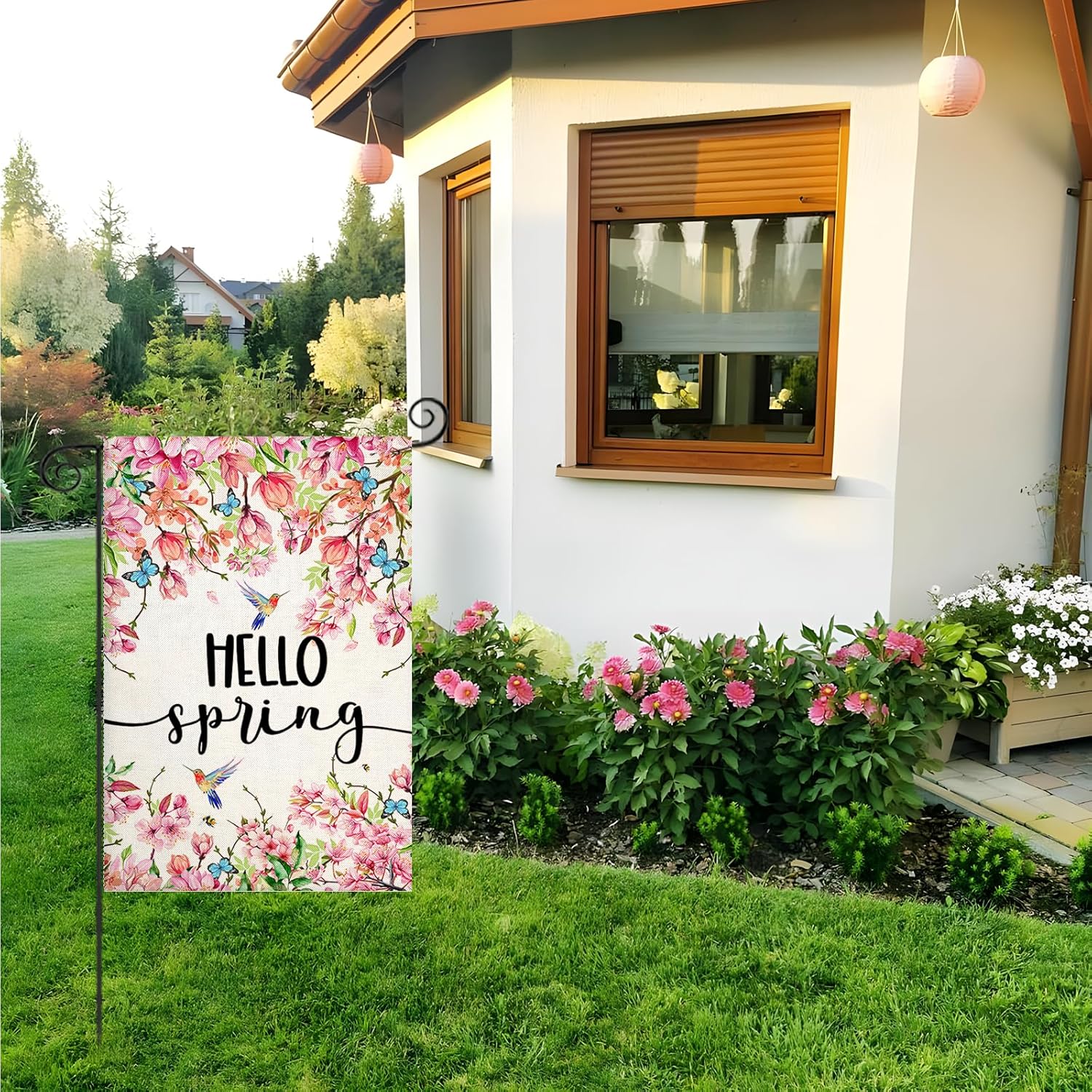 Hello Spring Print Welcome Sign For Garden Decoration displayed indoors on wall mount