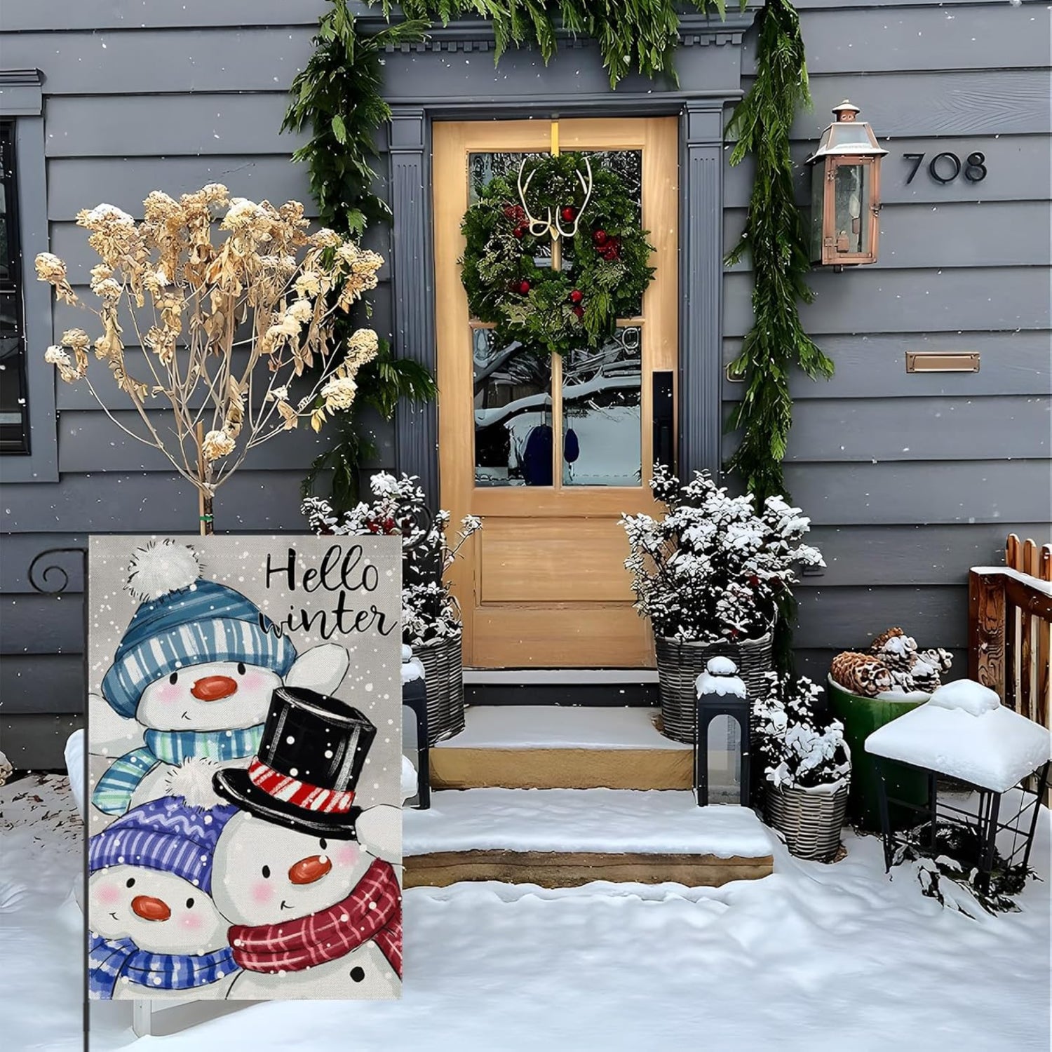 Snowman Printed Flag For Winter Decoration with brass grommet hardware detail