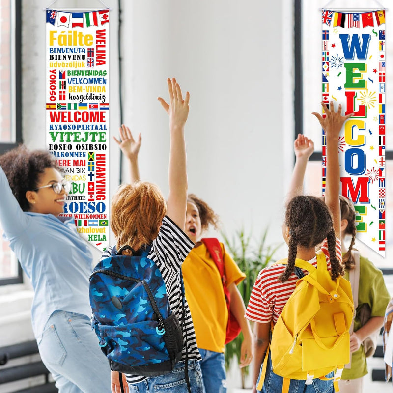 2 Pack World Flags Welcome Banners - For Global Events Decoration banner in use setting