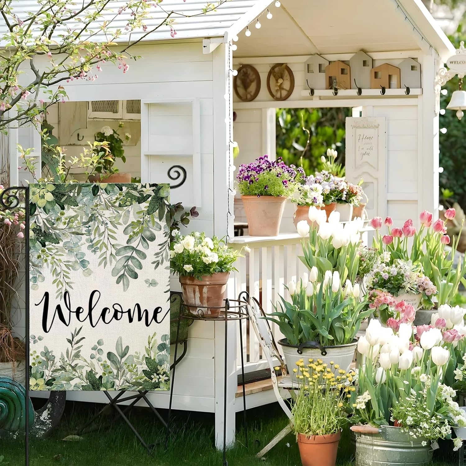 Double Sided Welcome Sign Garden Flag size reference showing 12x18 inch dimensions