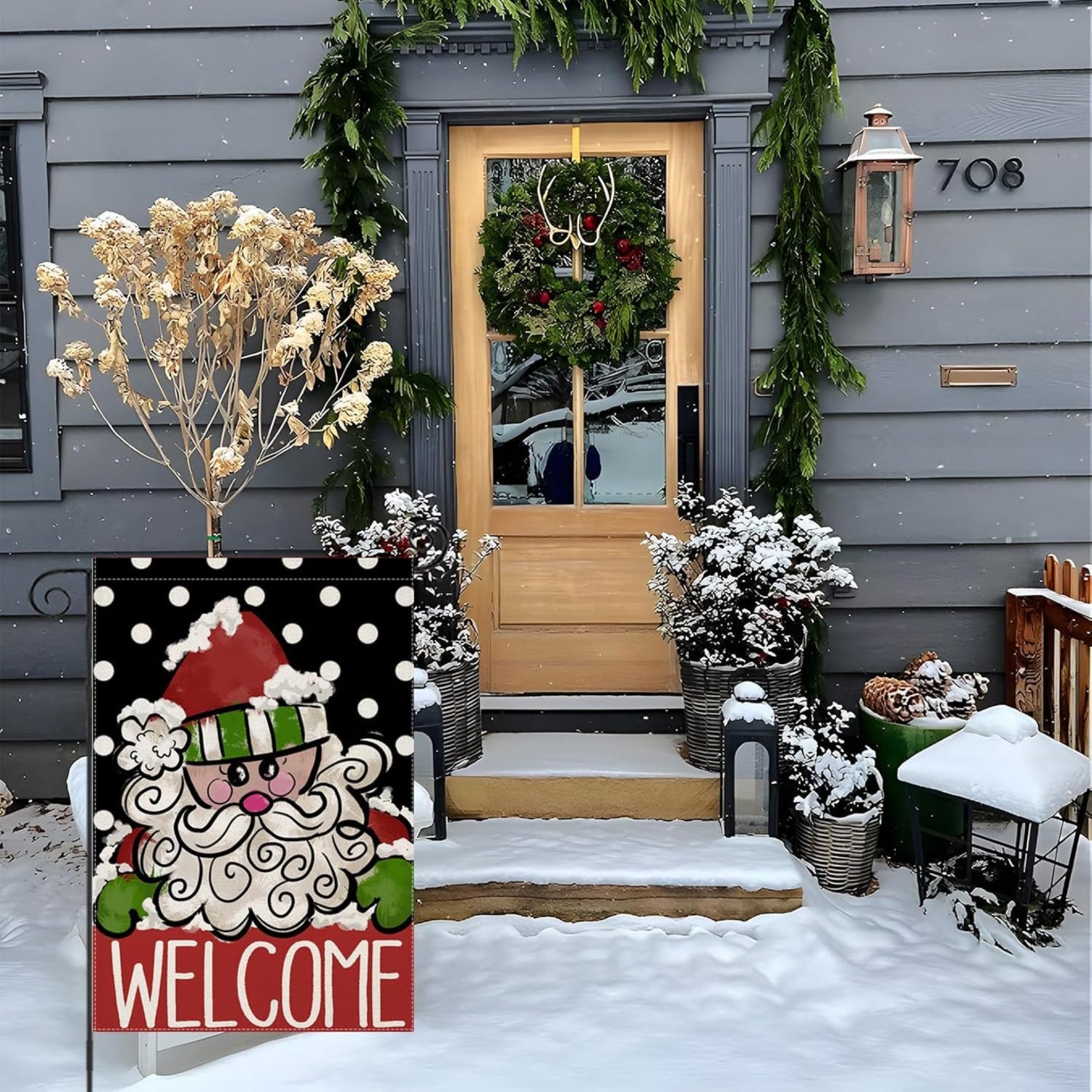 Christmas Santa Printed Flag For Yard Decoration displayed indoors on wall mount