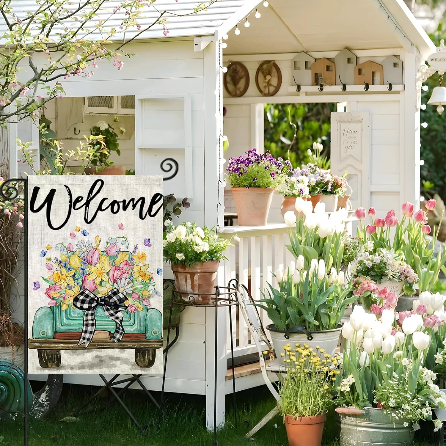 Seasonal Truck With Flowers Printed Garden Flag in garden yard setting